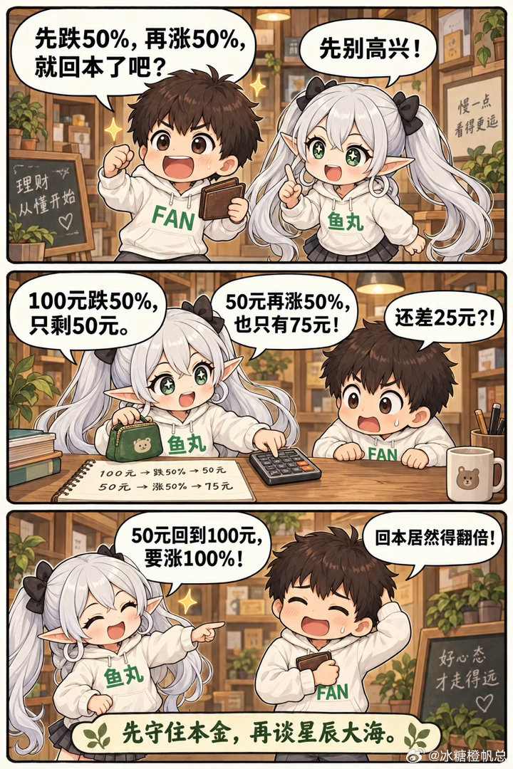 今天鱼丸给FAN上了一课：100元跌50%，只剩50元；想回本，得涨100%。因