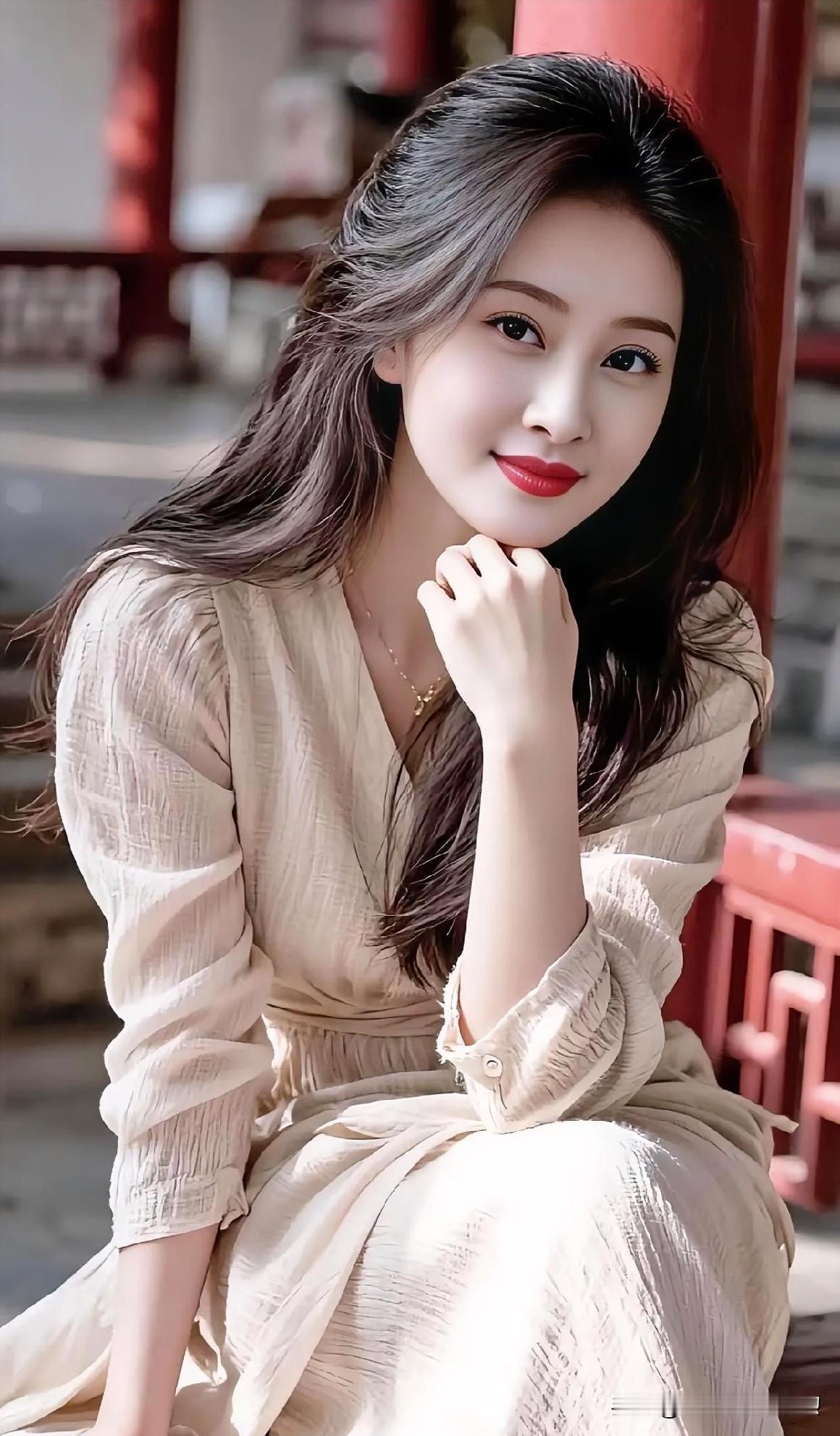 朱柱旁，柔纱轻曳。青丝如瀑，笑靥嫣红。手托香腮，眸含秋水，一袭米白似揉碎的晨光，