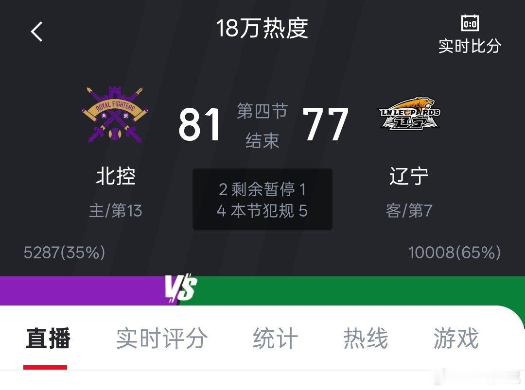 辽宁本钢客场不敌北控男篮，第四节双方互飙三分，最终北控主场取胜，北控男篮结束连败