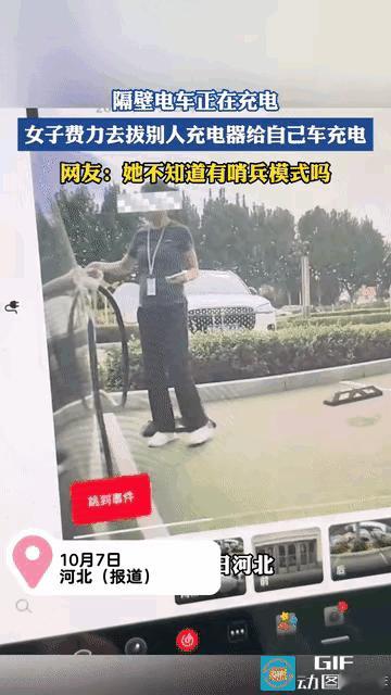 女子没给电车充过电吗？充电是要计费的，隔壁车正在充电，女子竟然去拔隔壁车的充电器