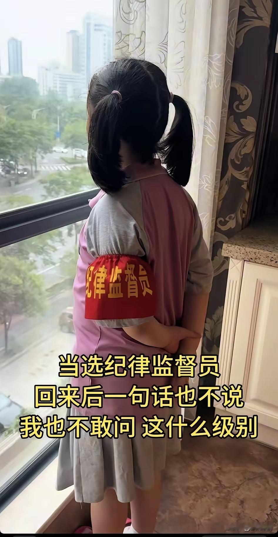 自从戴上执勤袖章以后，孩子放学回家就变了模样。背着手伫立在窗前眺望楼下，眼神深沉