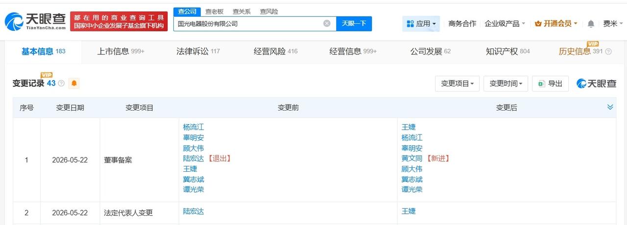 涉嫌性侵的陆宏达卸任国光电器董事长
国光电器换帅完成工商变更
天眼查App显示，