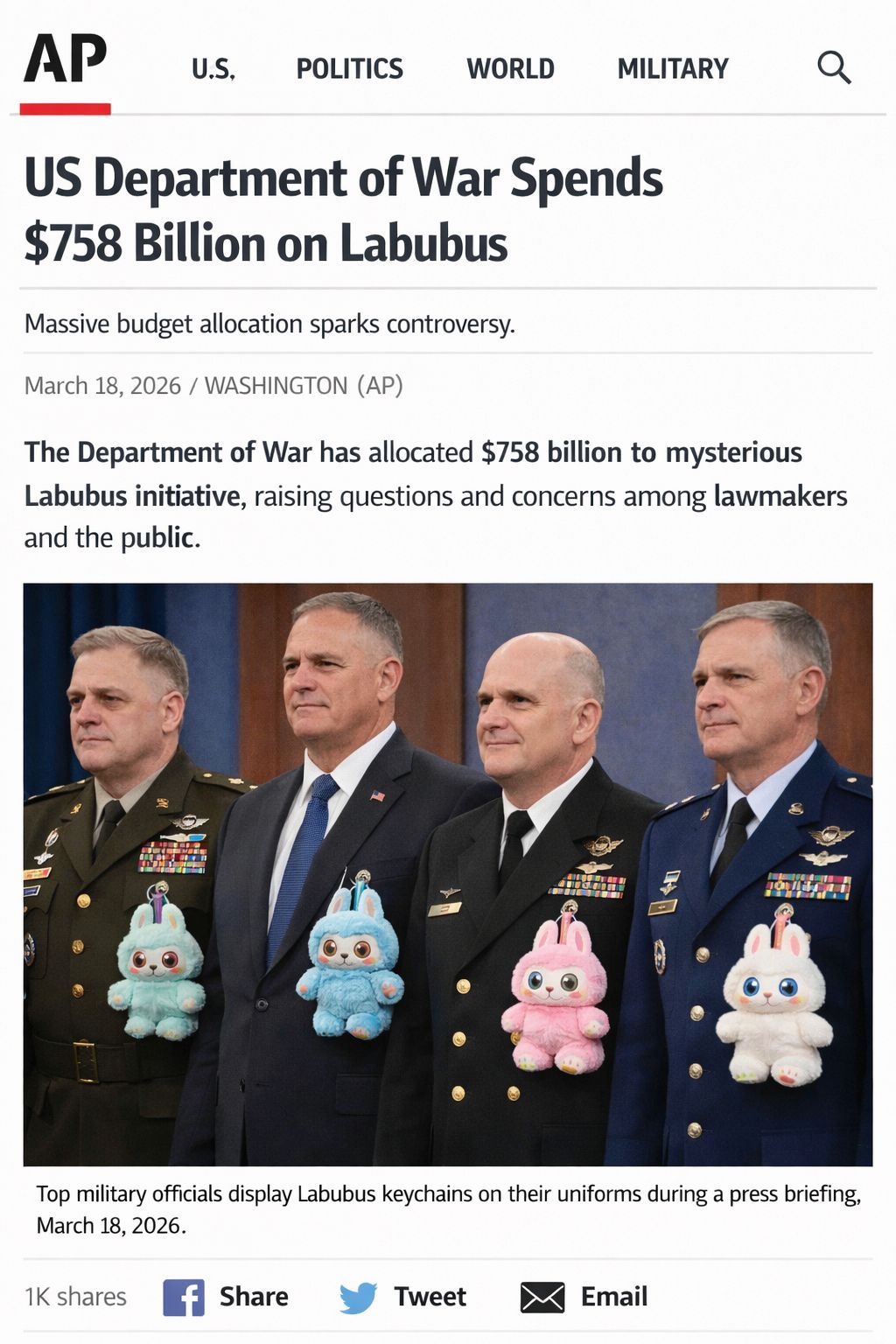 美联社:美国战争部斥资7580亿美元用于“拉布布”(Labubus)项目，巨额预