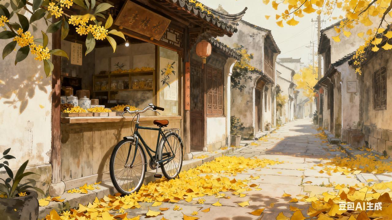 金叶铺街意韵长，单车倚店带花香，小亭一角秋光里，闲坐烹茶话短长，风摇竹影添清趣，
