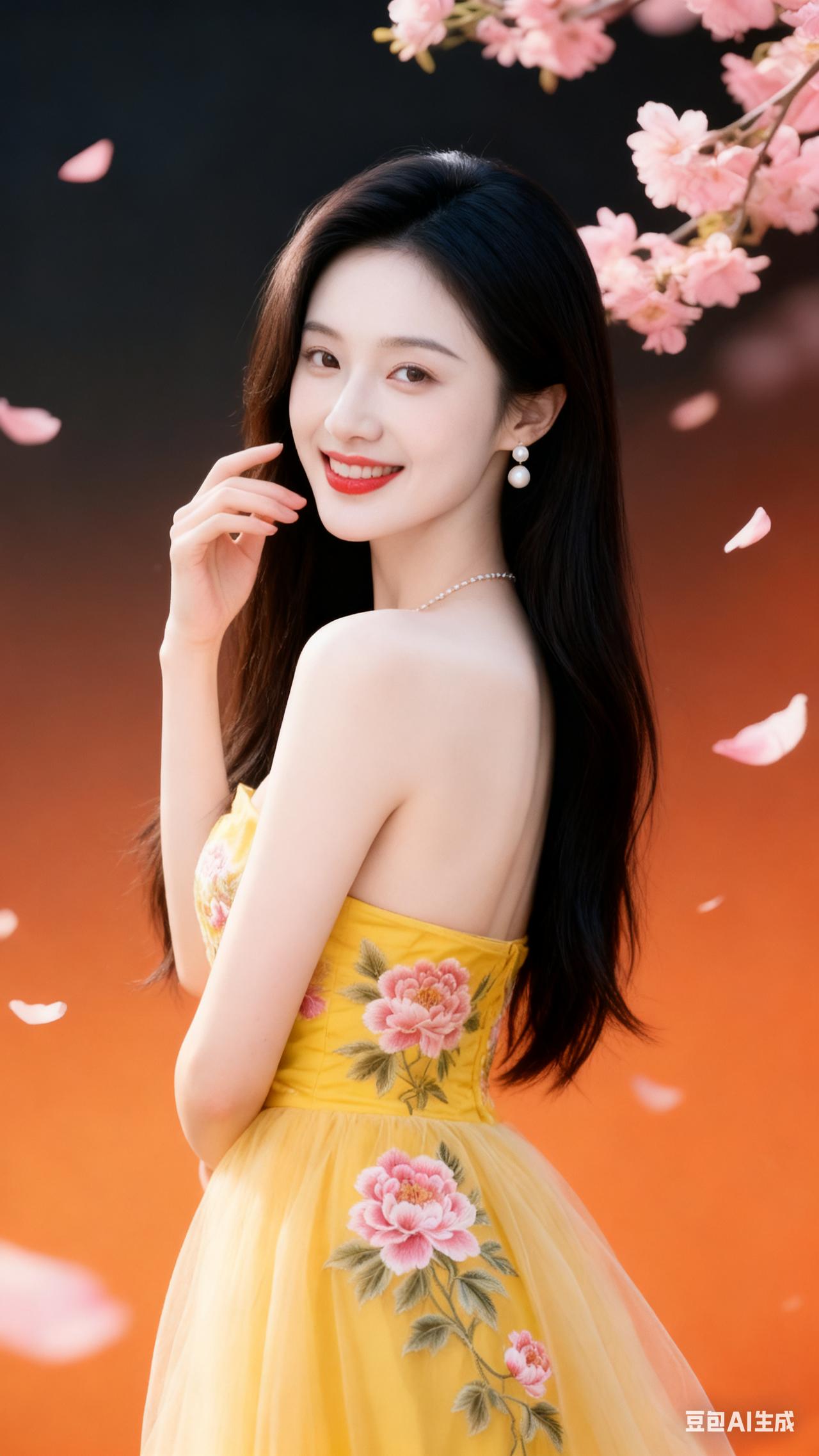 中国女性气质甜美温柔，长发披肩柔顺飘逸，鹅蛋脸线条柔和流畅，冷白肌肤细腻清透，眉