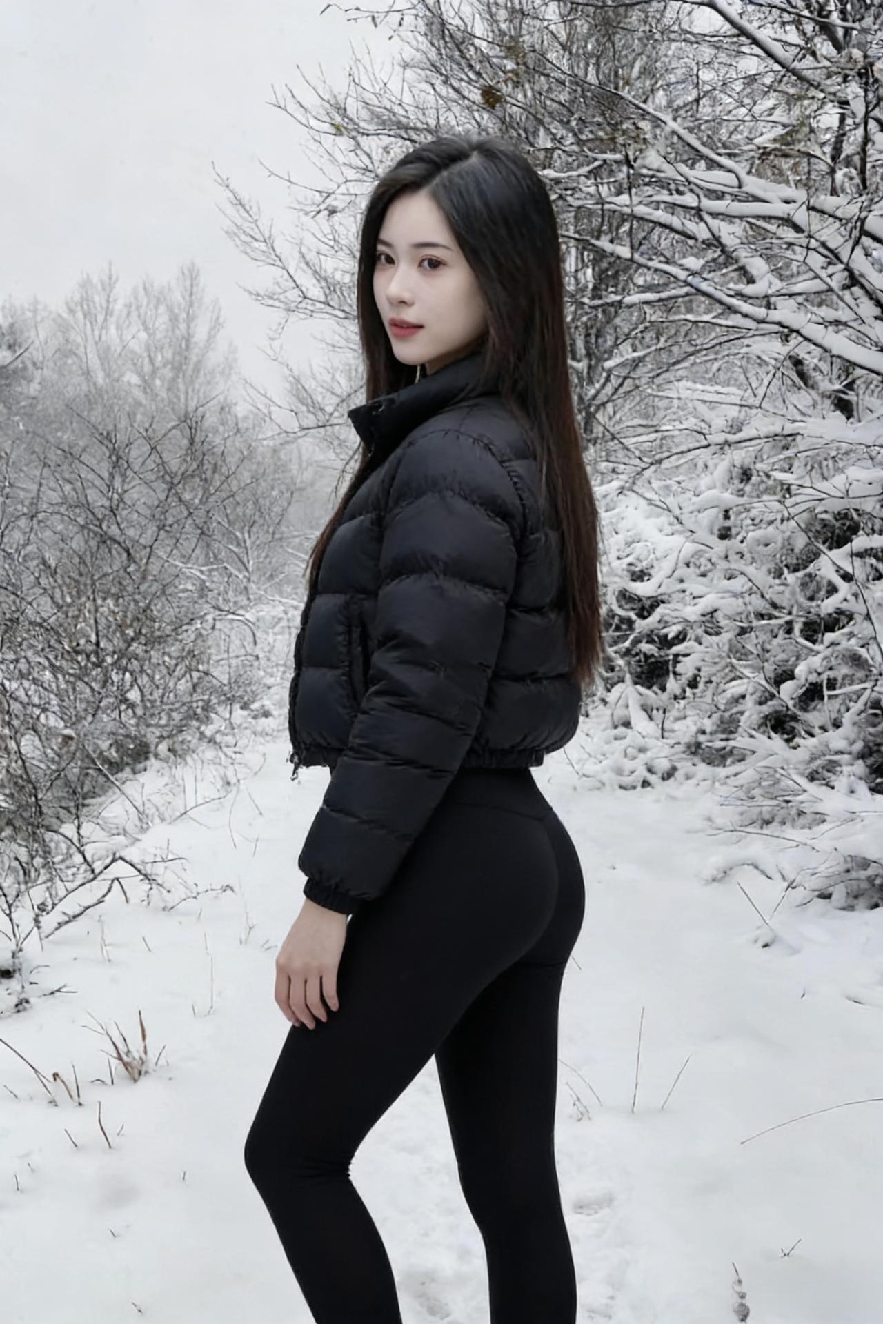 雪压着枯枝，我站在其间
黑羽绒服裹着我的孤单
却裹不住心底的欢
紧身裤的曲线，是