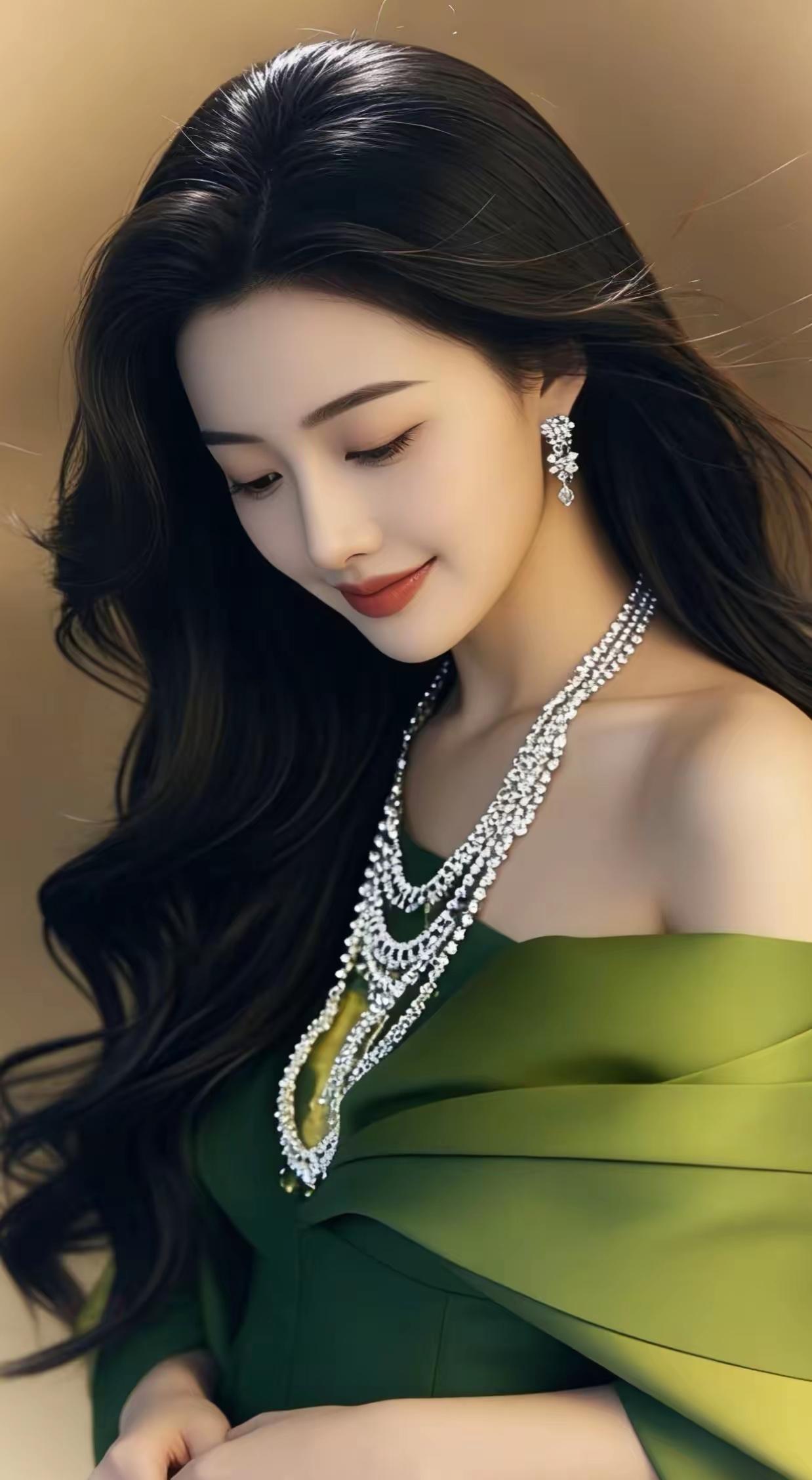 优雅绿裙配珠宝，尽显高贵气质！