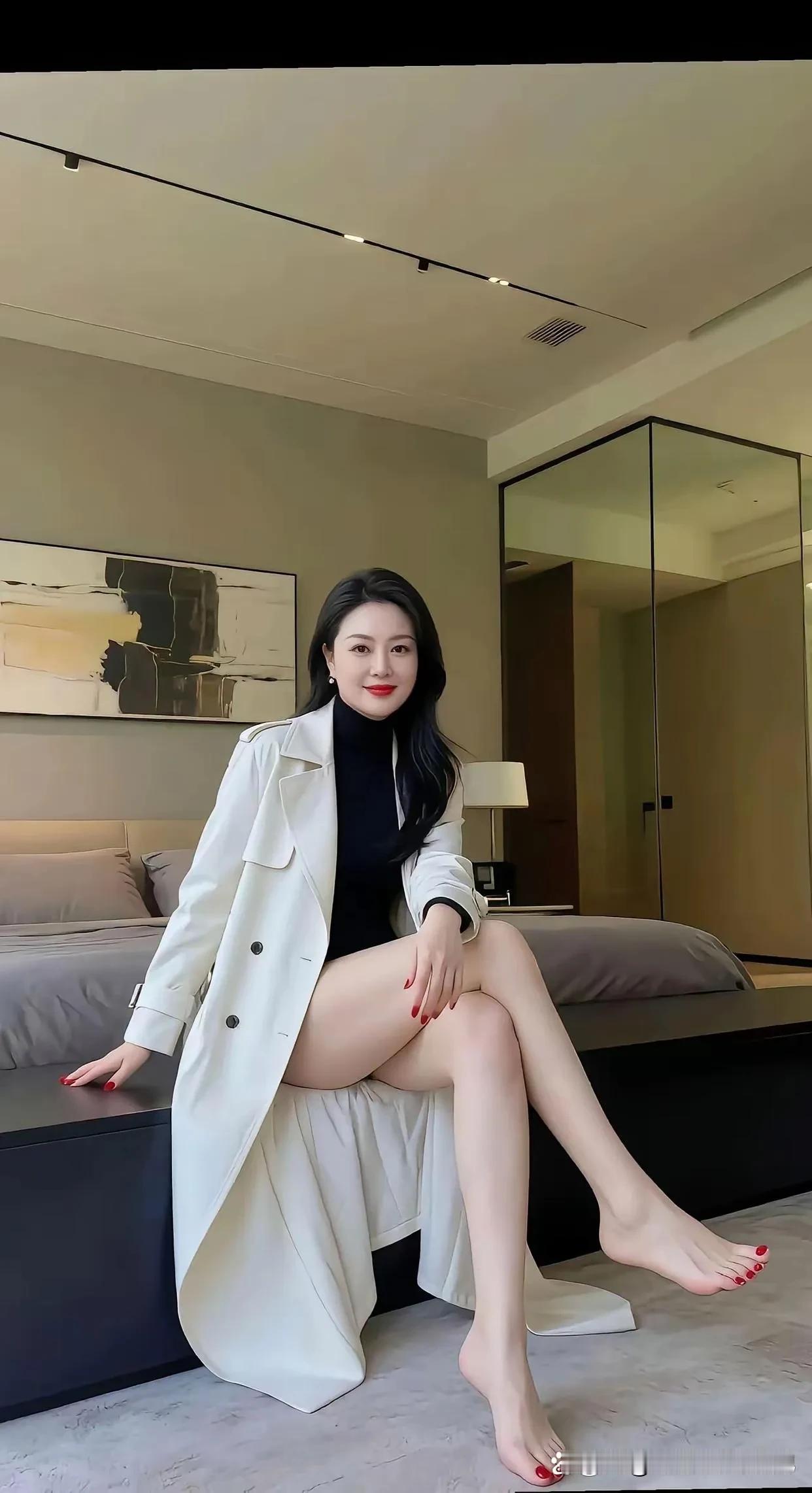 觅伴之姿新解

客厅温暖阿姨坐，光脚舒怀笑容多。
米白风衣随身飘，肤如美玉闪光泽