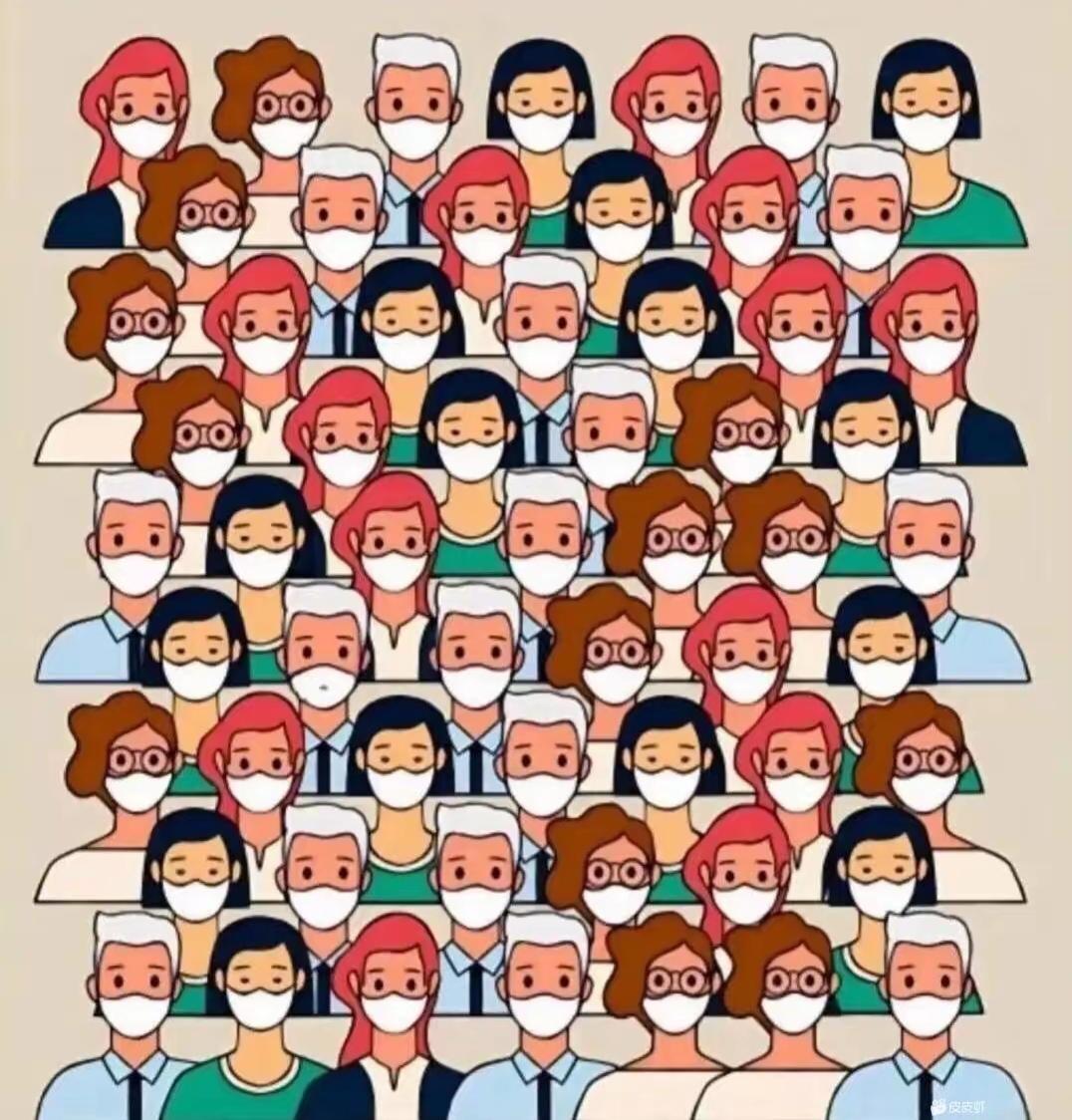 戴口罩，护健康，人人有责。找一找，到底有几个人没戴口罩，是5个还是8个呢？就看一