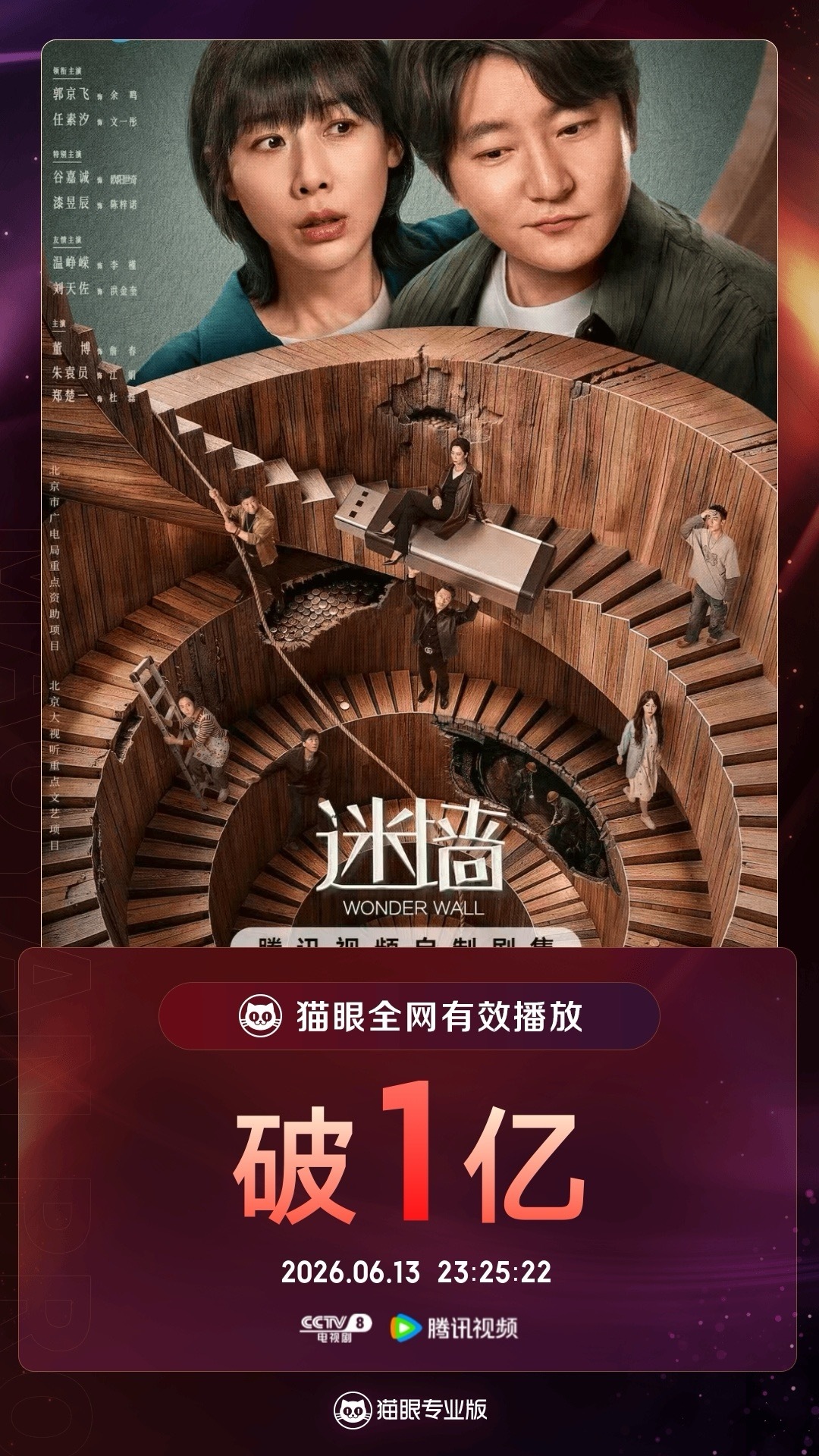 迷墙有效播放量破亿     据猫眼专业版数据    领衔主演电视剧《迷墙》热播中