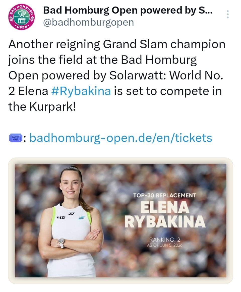 WTA500巴特洪堡站官宣莱巴金娜参赛