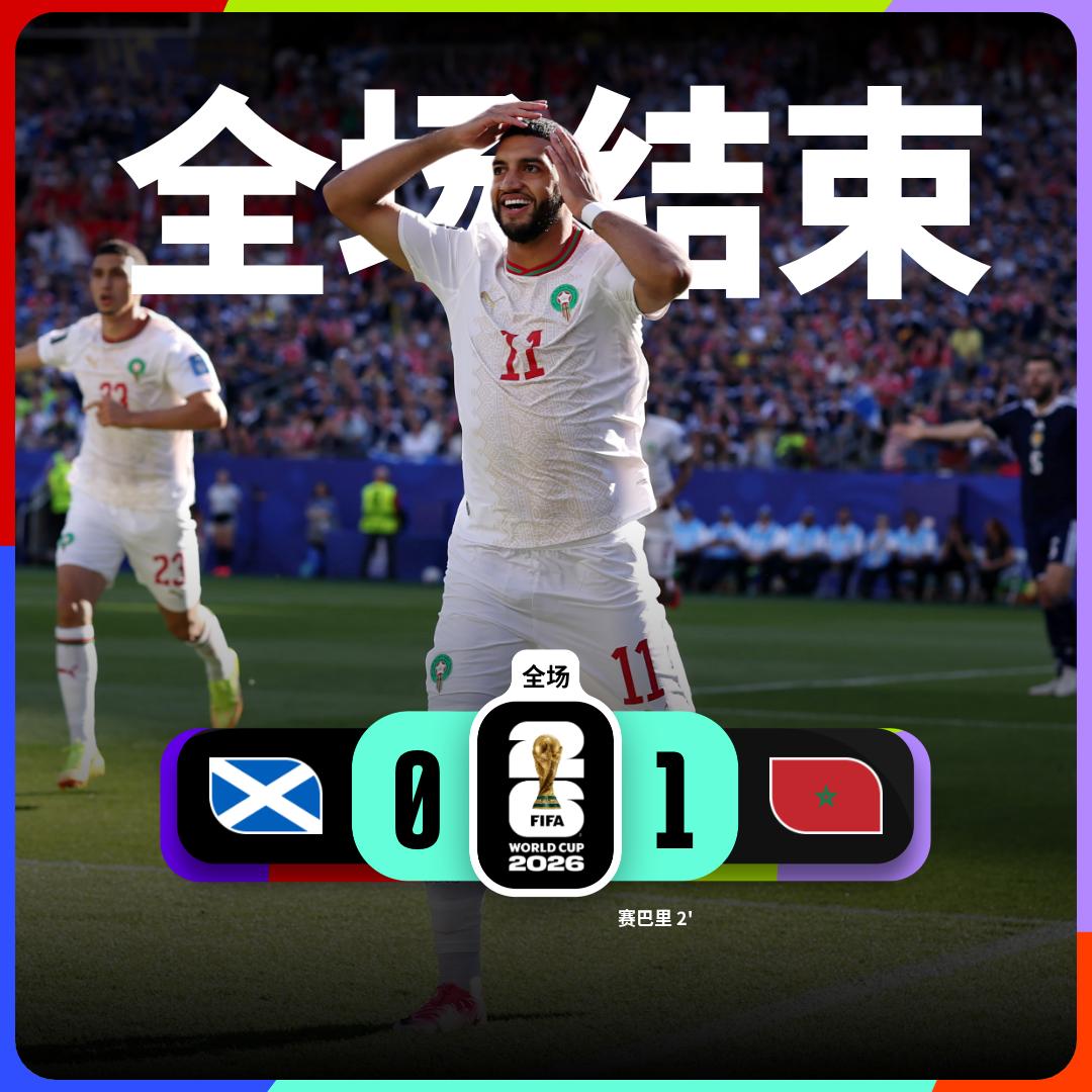 世界杯小组赛：苏格兰 0-1 摩洛哥
摩洛哥队球员赛巴里开场70秒闪击破门