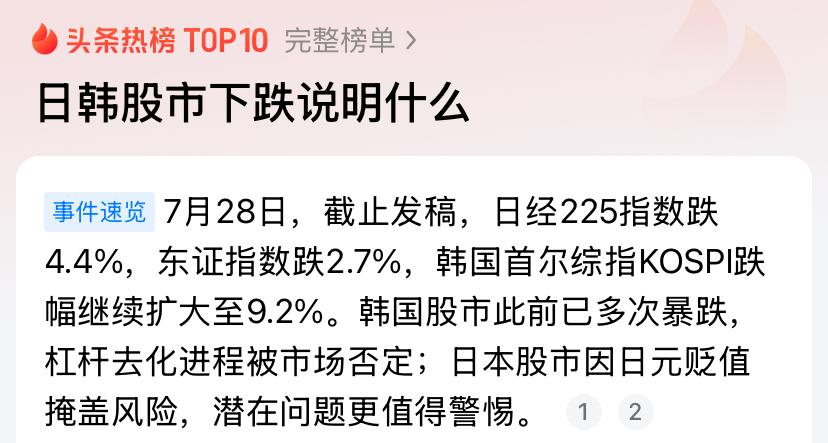别把股市回调等同于经济衰退，日韩同步下跌是全球资金再平衡的信号

不少人看到日韩