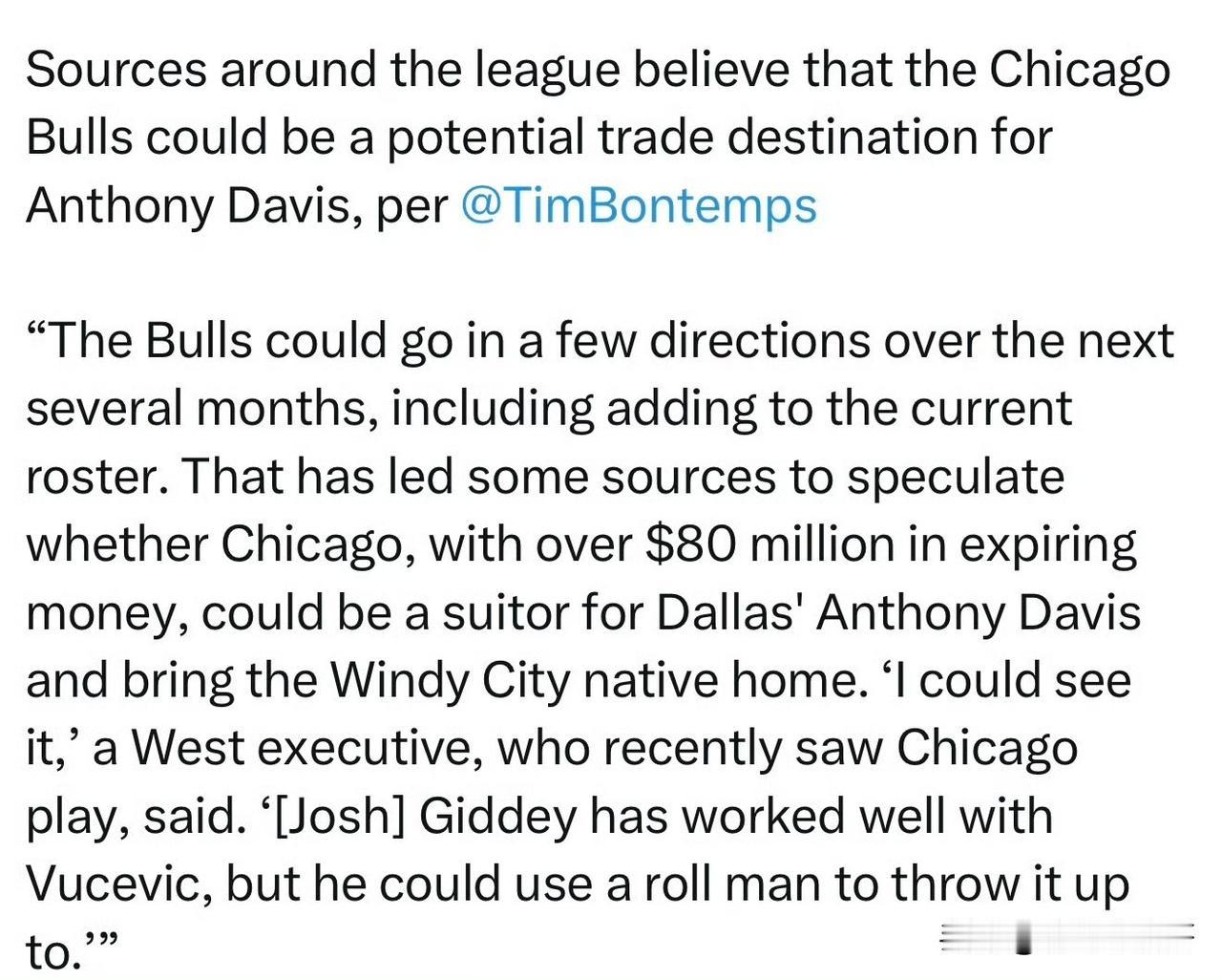 浓眉有望回家乡效力！！！公牛可能成为浓眉的潜在下家！

根据记者Tim Bont