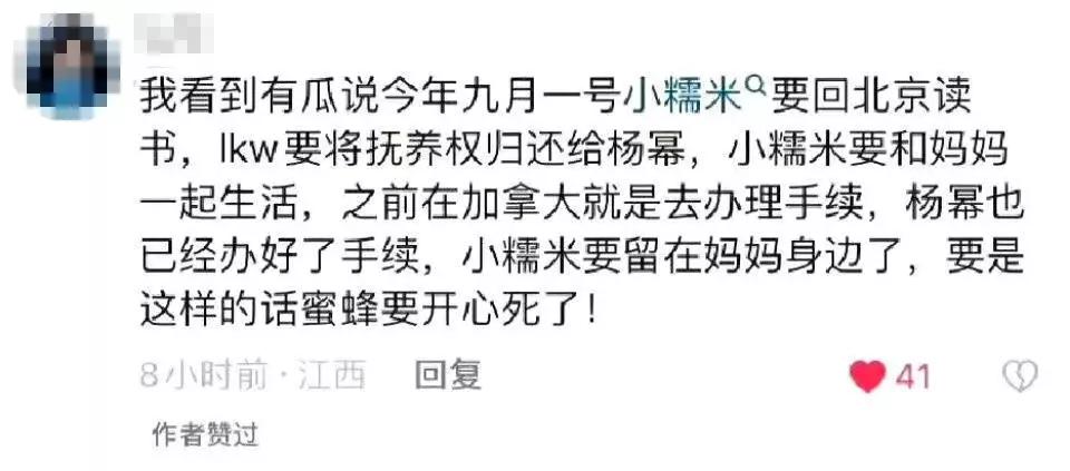 杨幂，终于如愿以偿
8月4日，有媒体爆料杨幂如愿获得女儿小糯米的抚养权，小糯米9