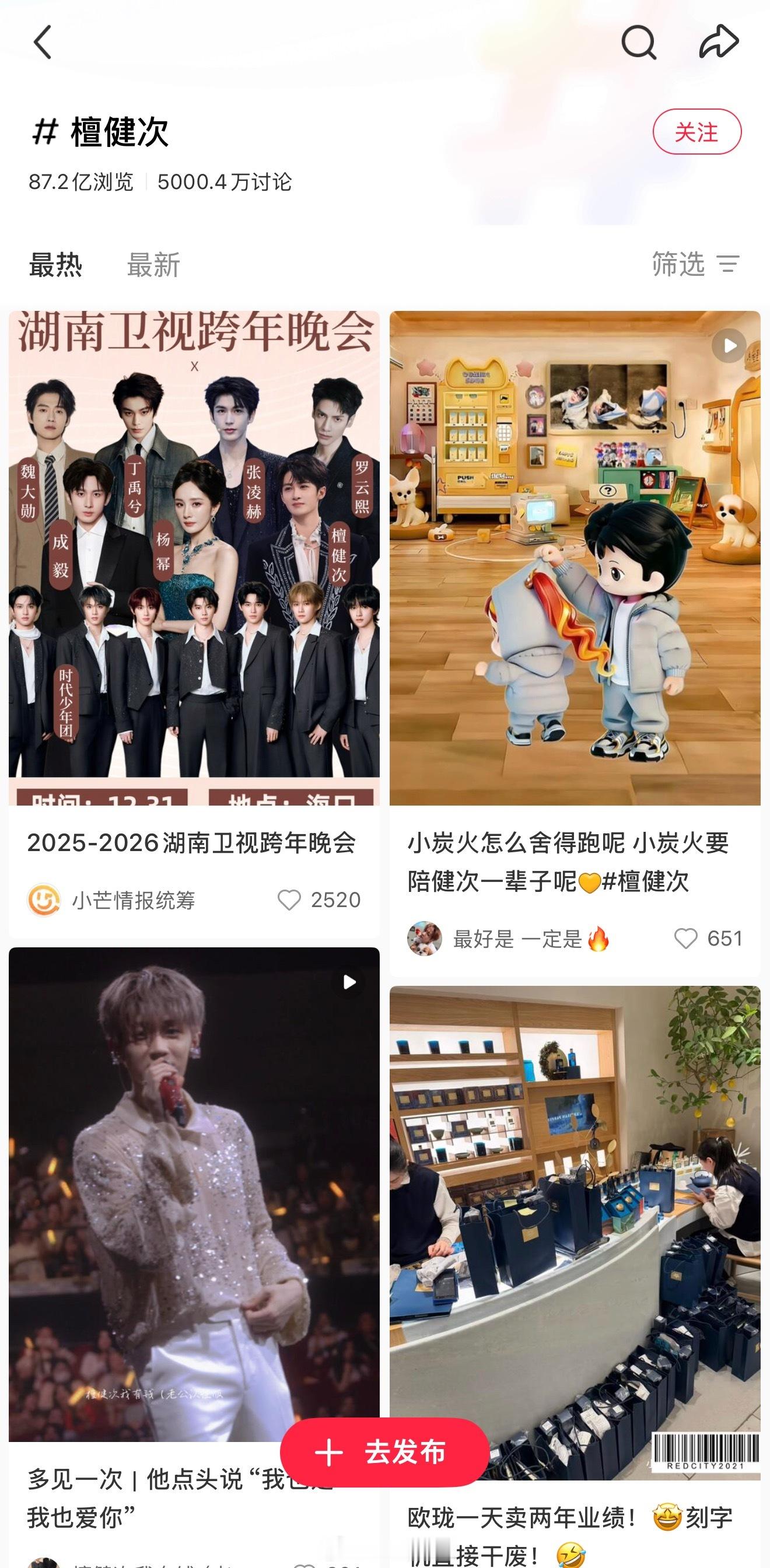 檀健次词条在小红书有87.2亿次浏览，男星里超5000万讨论，好厉害。