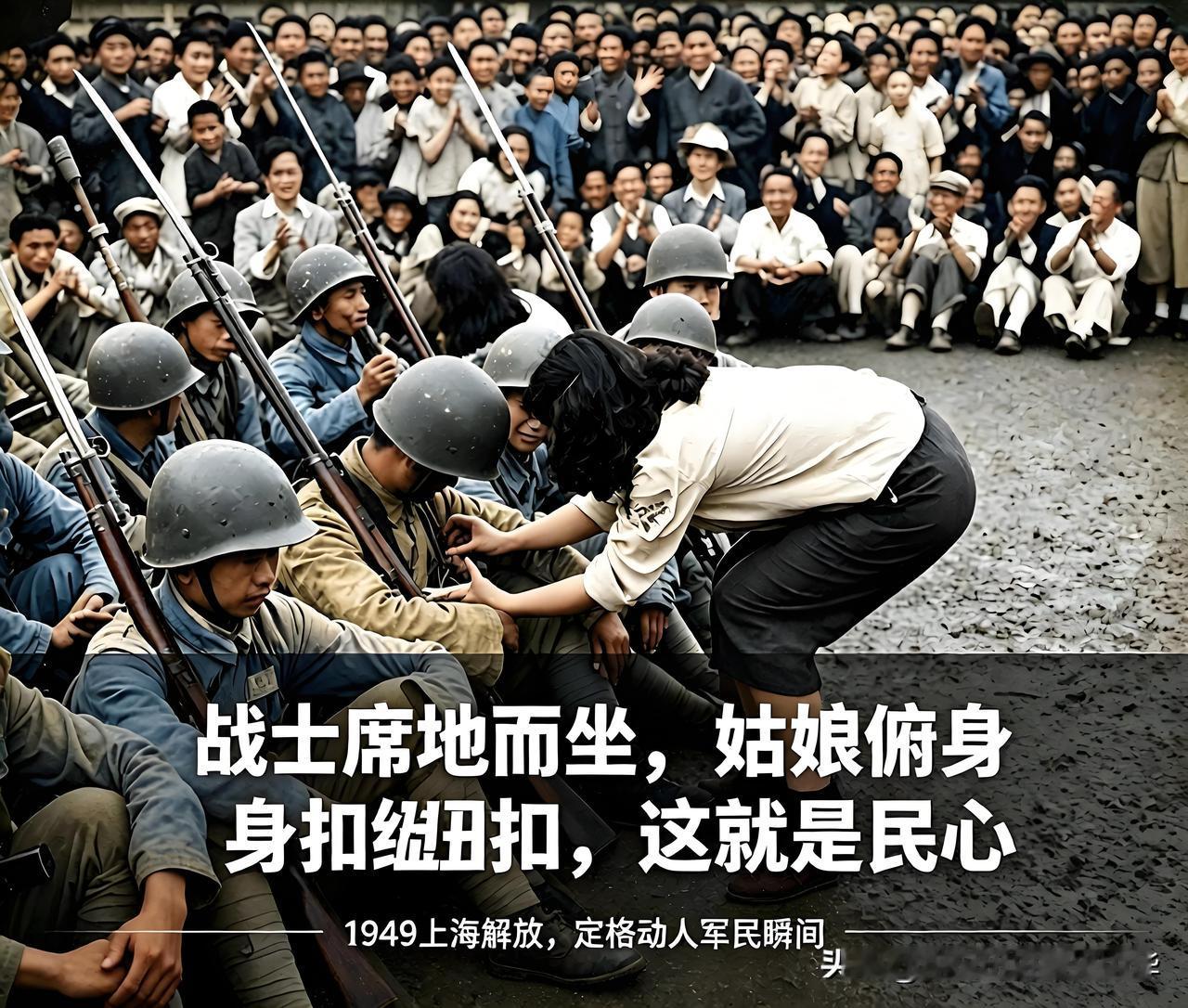 女学生俯身，为解放军战士扣上军装纽扣
 
 这是上海解放时期一张极具温度的经典老