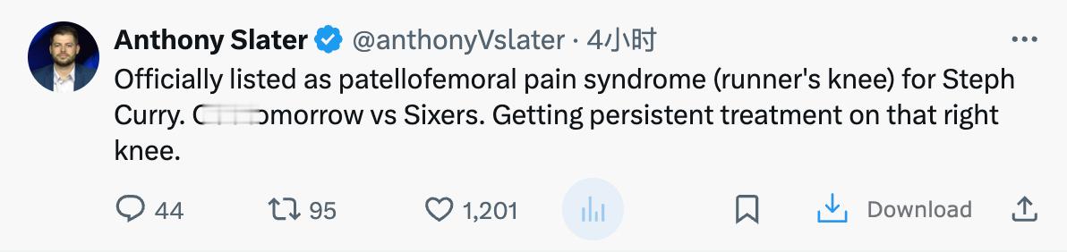 库里官方列出的伤情为髌股关节综合征（跑步膝）。明天对阵 76 人的比赛他将缺阵。