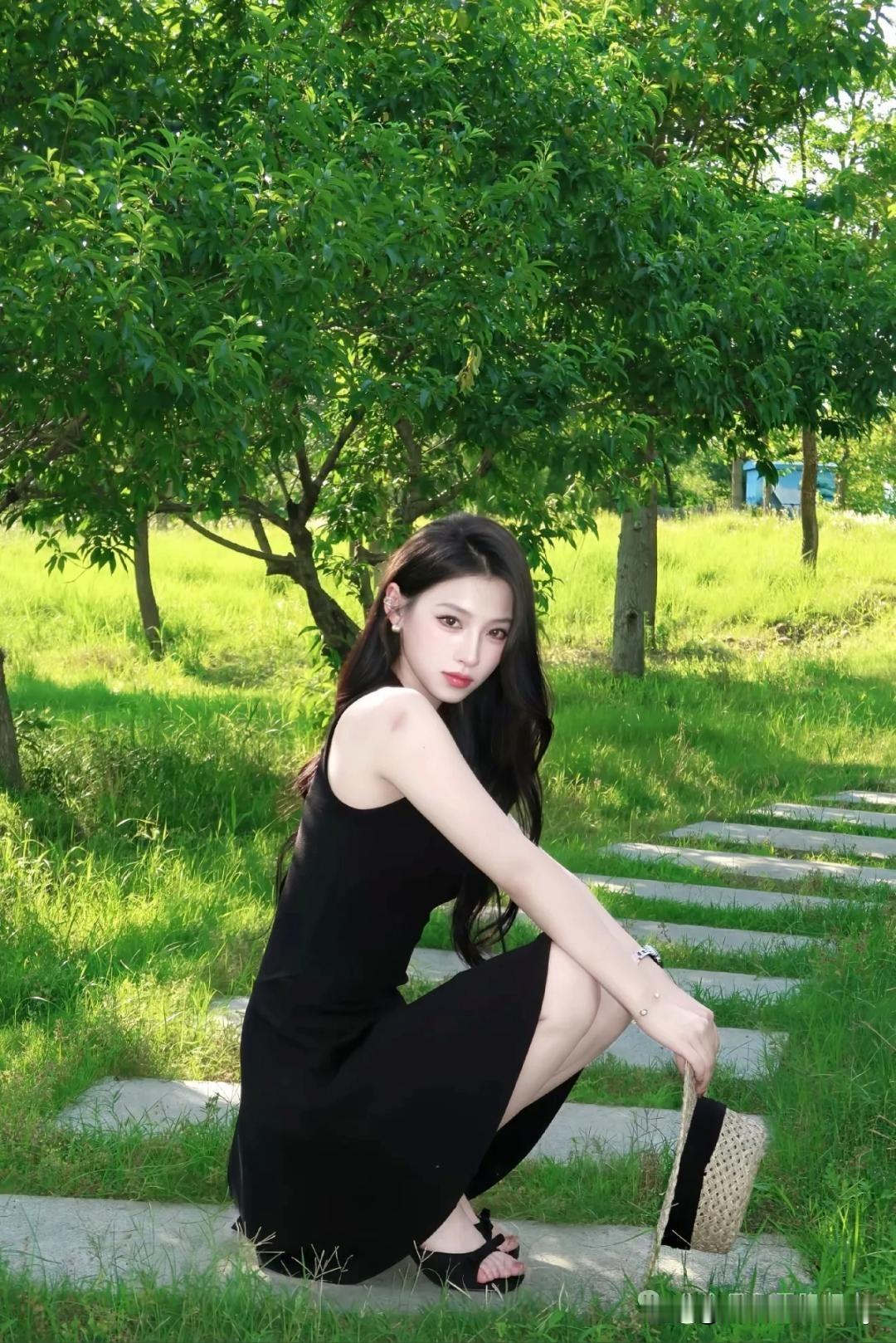 夏日黑裙少女，漫步绿意盎然的小径。