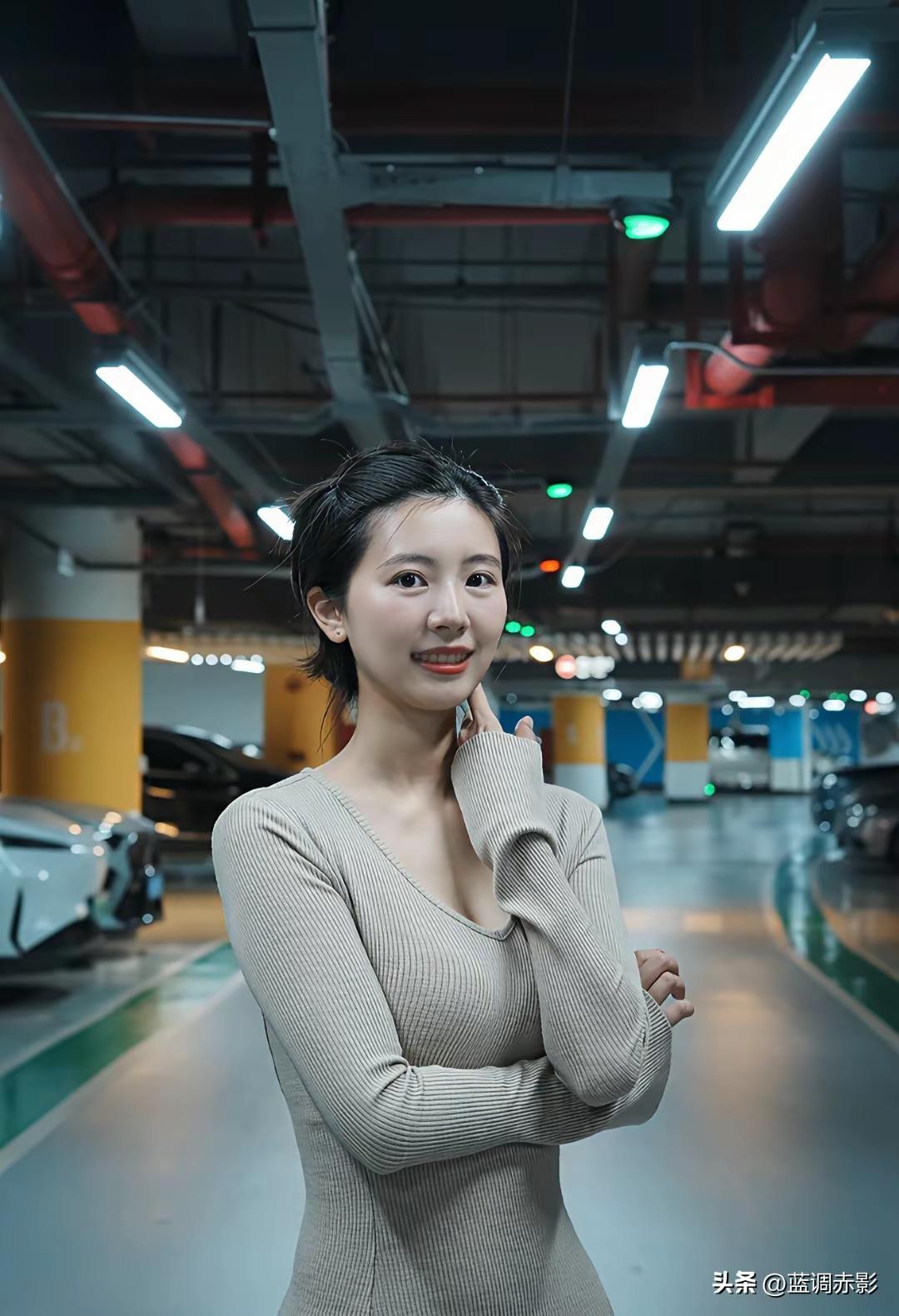 停车场里的甜美女孩，微笑如阳光般温暖