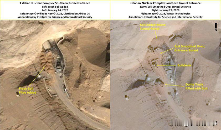 最新卫星图显示，伊朗伊斯法罕核设施的隧道入口处出现新动向。据信，这些隧道入口处存