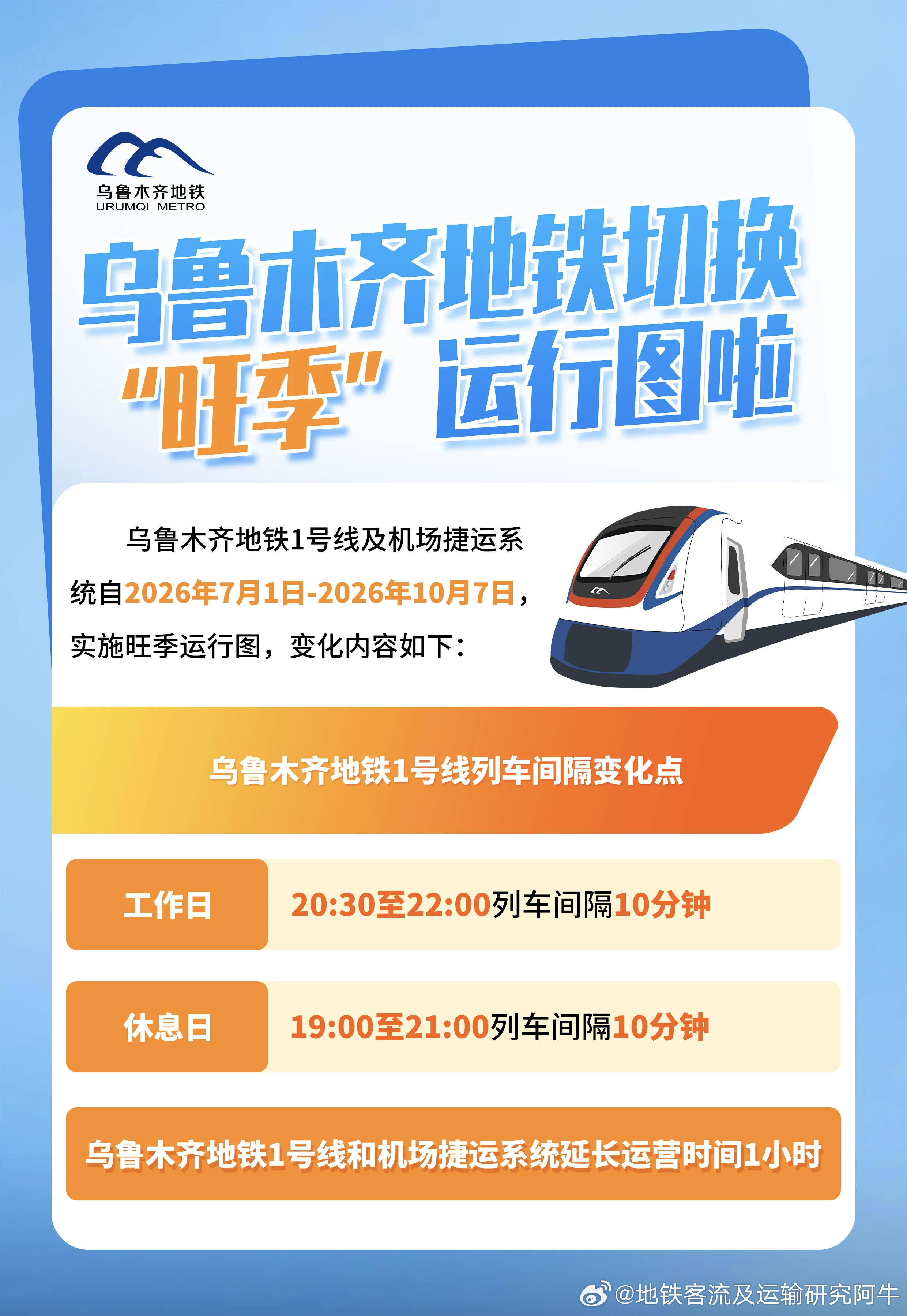 乌鲁木齐地铁 乌鲁木齐地铁切换“旺季”运行图（2026.7.1-2026.10.