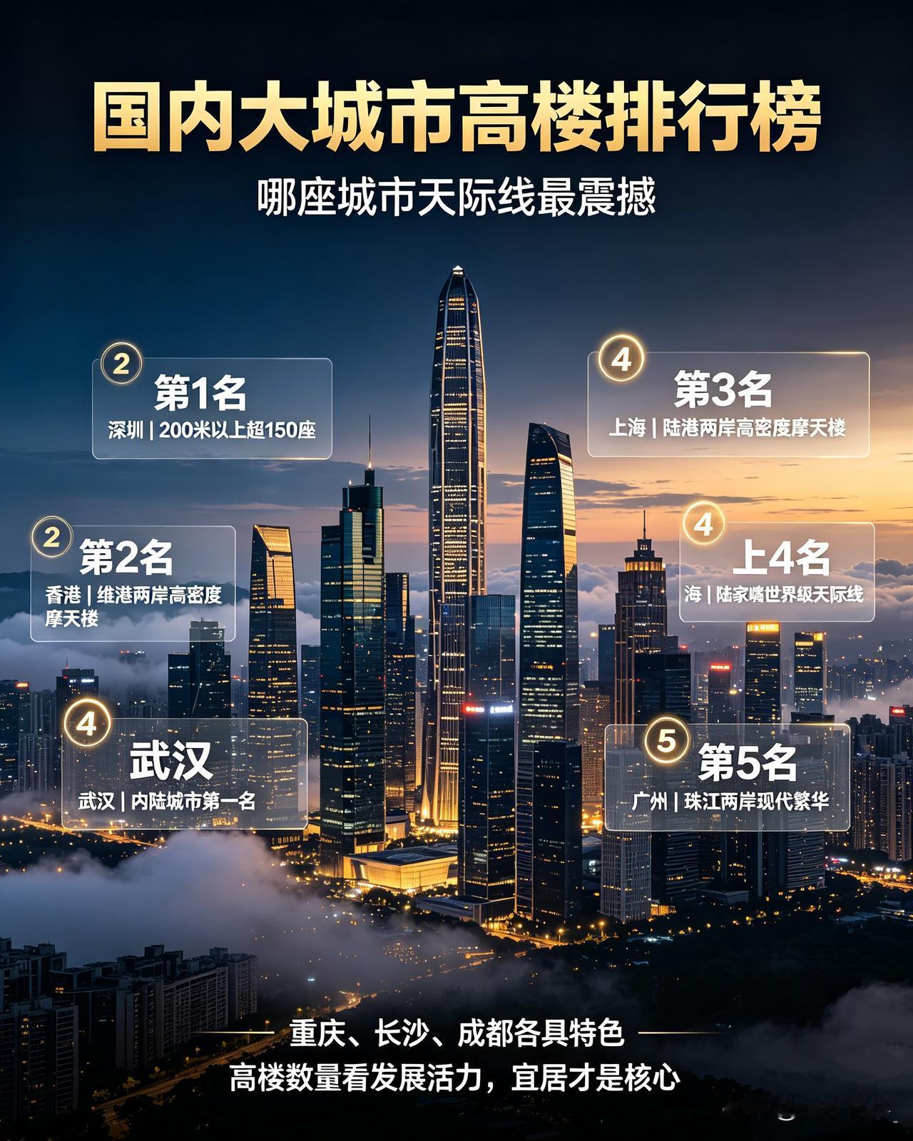 国内大城市高楼排行榜！看看哪座城市天际线最震撼
 
一座座摩天高楼，是城市经济实