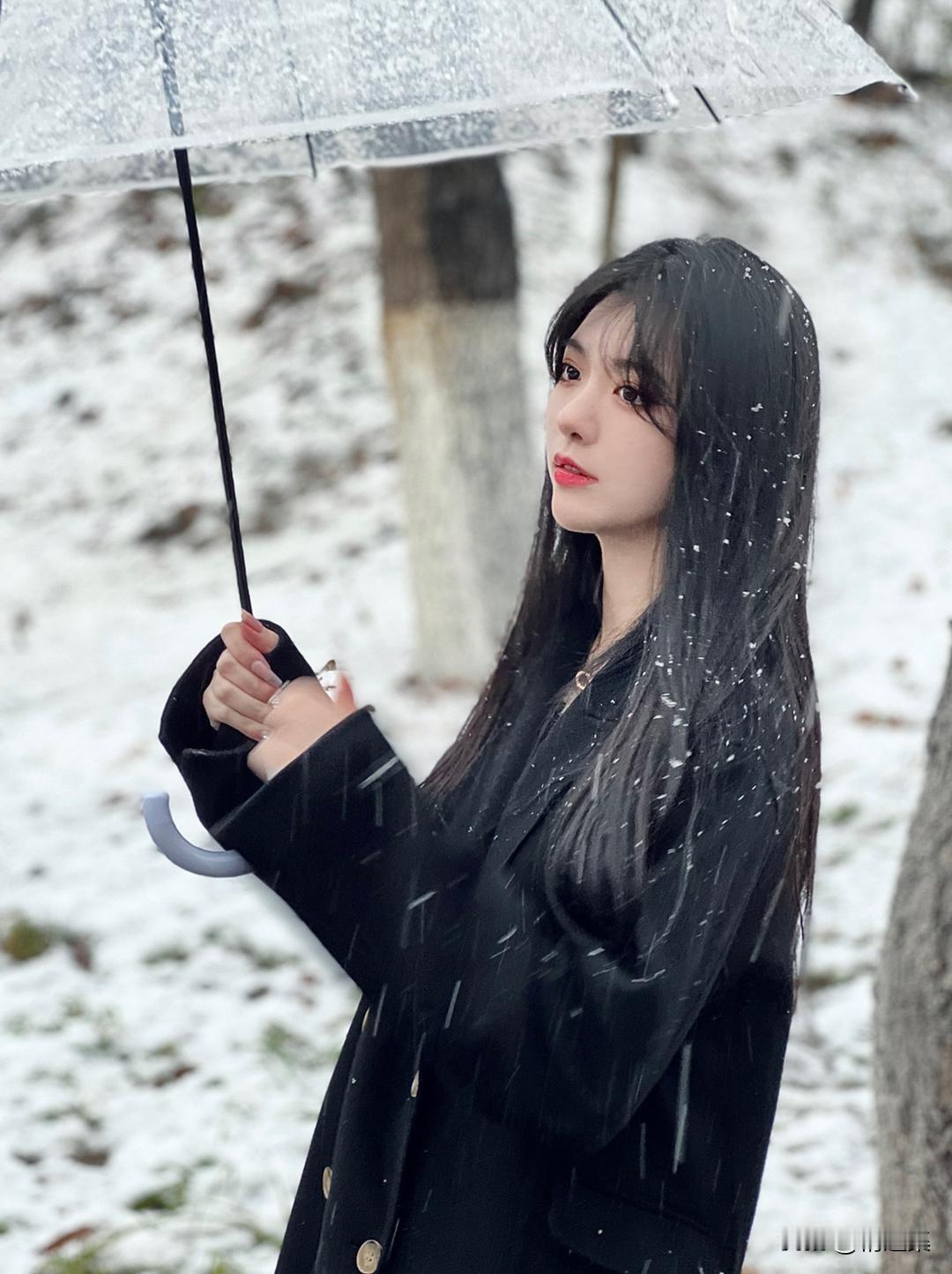 雪中撑伞立，风里倚梅香。