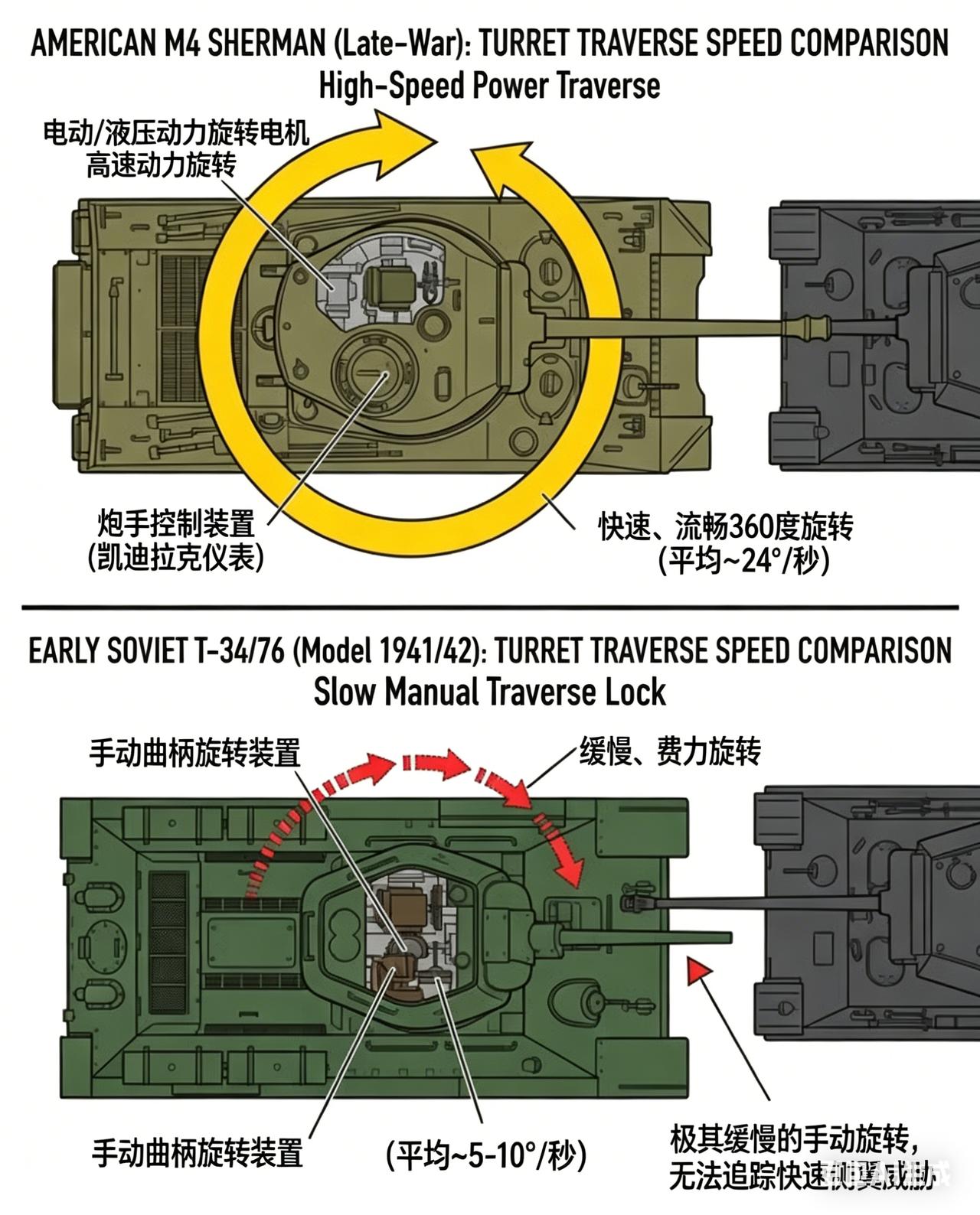 一张图看懂二战两款经典坦克的致命差距：M4 谢尔曼的电动炮塔，和 T-34 的手