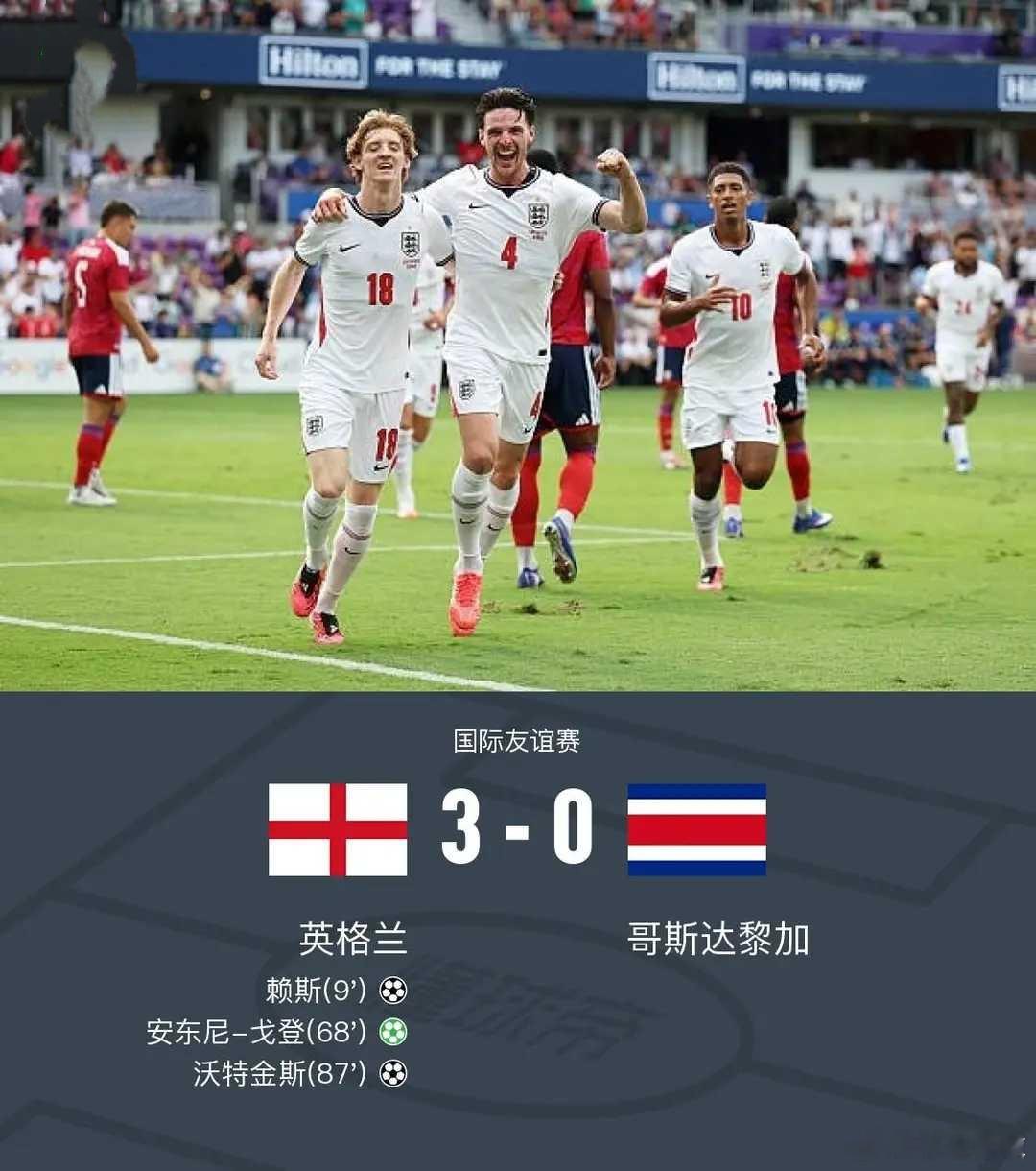 英格兰3-0哥斯达黎加，戈登传射，赖斯破门，马杜埃凯失空门北京时间6月11日国际