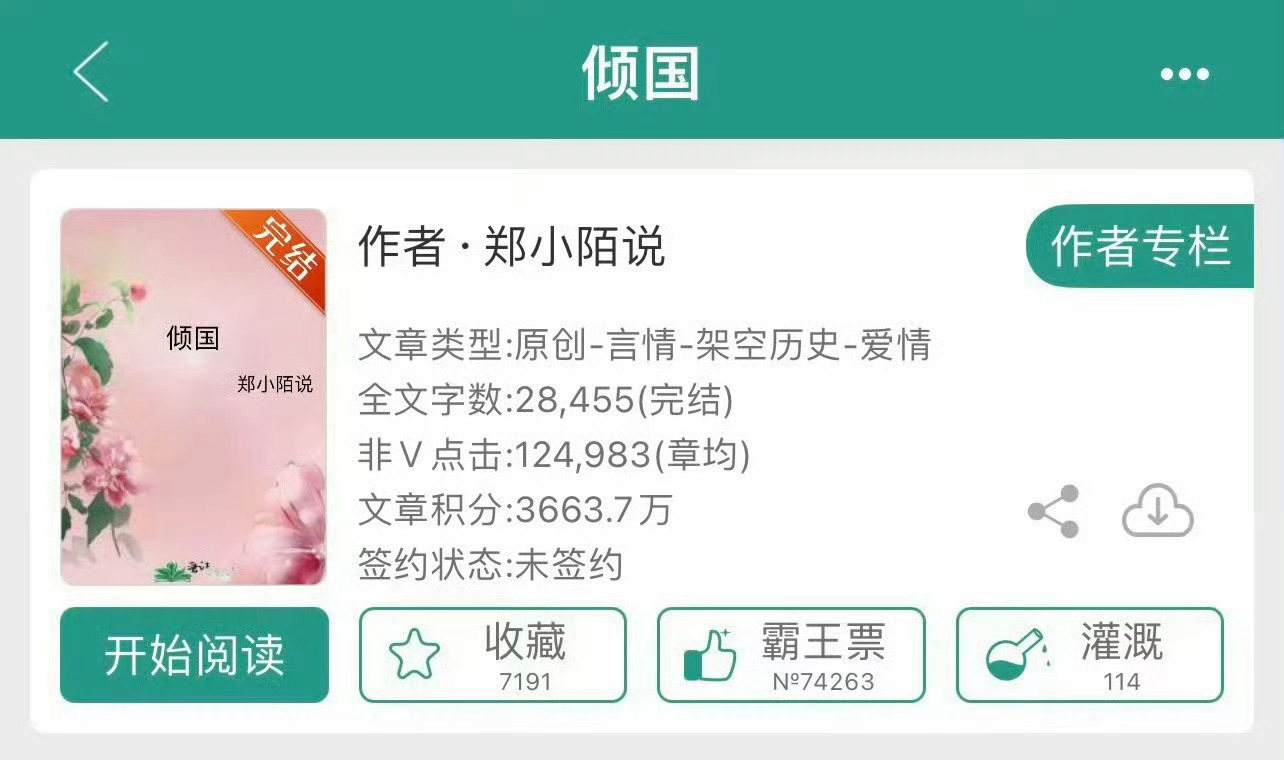 小说推荐：《倾国》 作者:郑小陌说简评：娇媚女皇vs清冷权臣，女撩男，宫廷侯爵，