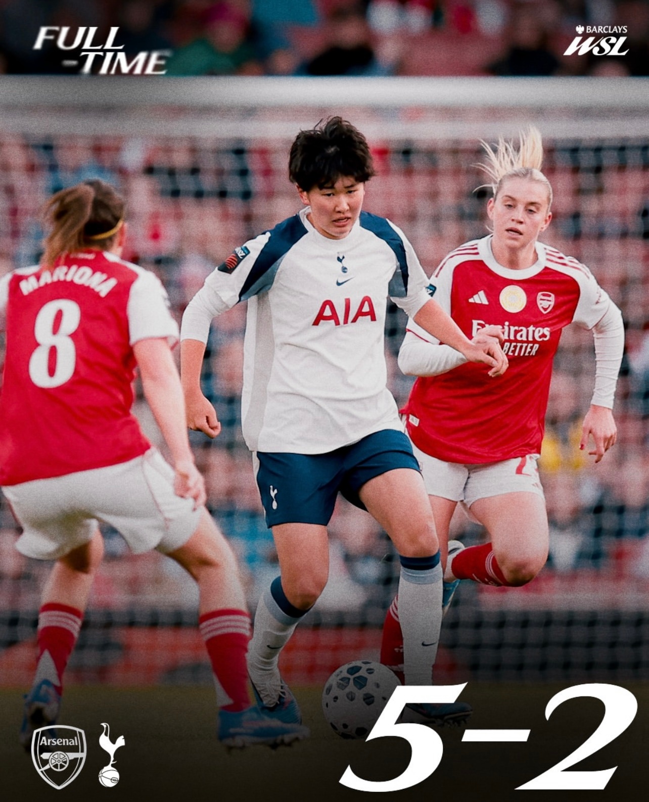 热刺女足客场2-5不敌阿森纳 