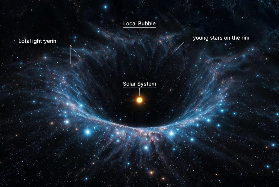想象一下：我们整个太阳系正漂浮在一个巨大而几乎空荡荡的宇宙空洞的中心——宽达一千