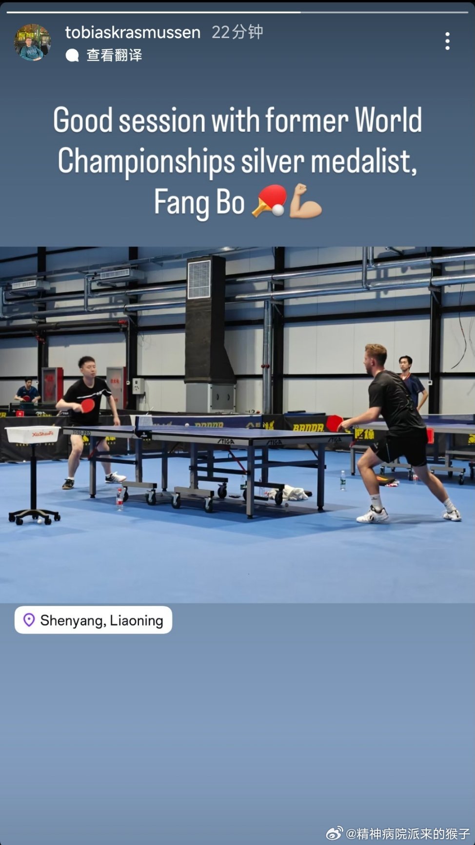 丹麦队选手拉森姆斯：和前世乒赛男单银牌得主方博完成一场高质量训练！🏓 