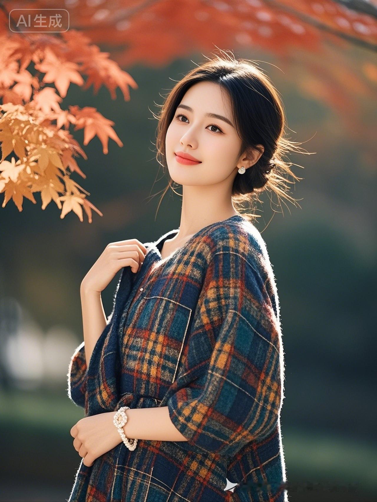 秋日暖阳下，温柔少女与红叶相映成趣！