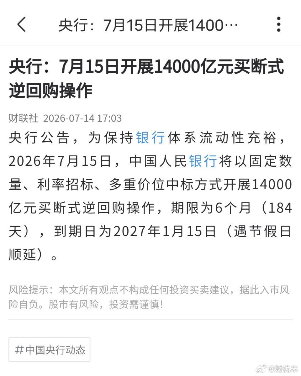 大利好！央行投放1.4万亿中长期流动性，给市场充足资金托底，今日大盘逆转反弹逻辑