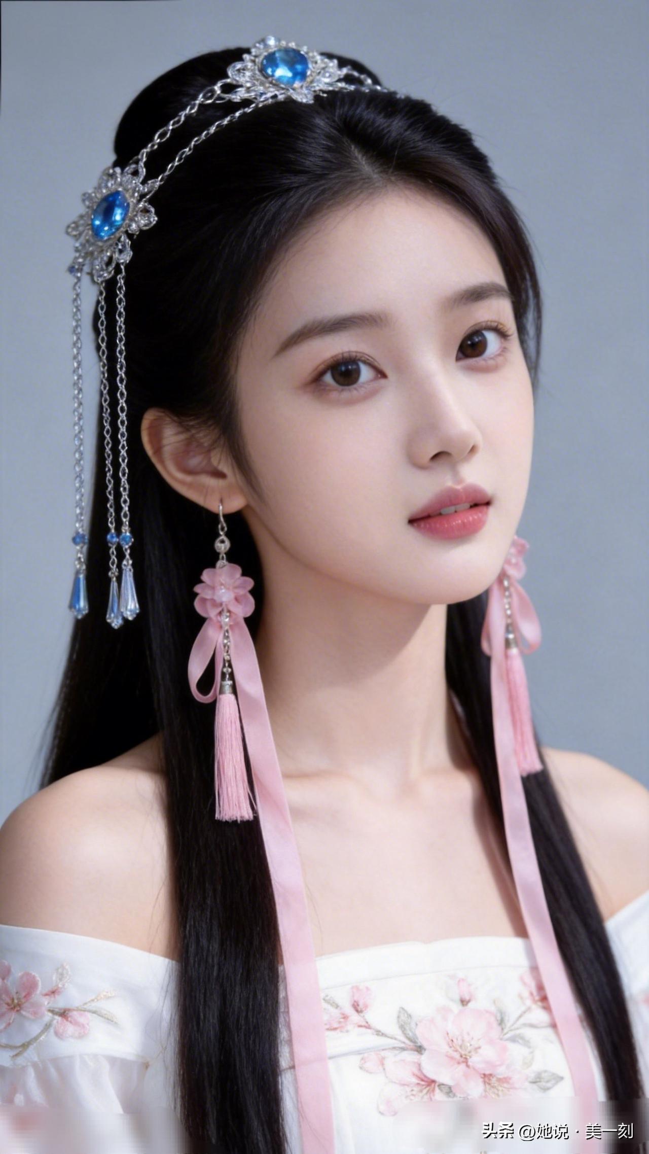 梦幻古风少女，蓝宝石发饰，粉色流苏耳坠，唯美动人。为什么好看的小姐姐都是扎堆的?