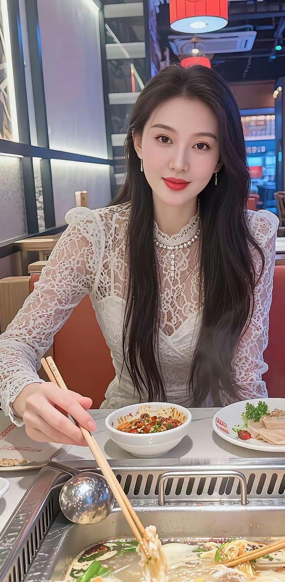 精致女孩在火锅店享受美食，美照分享！🍜💄📸