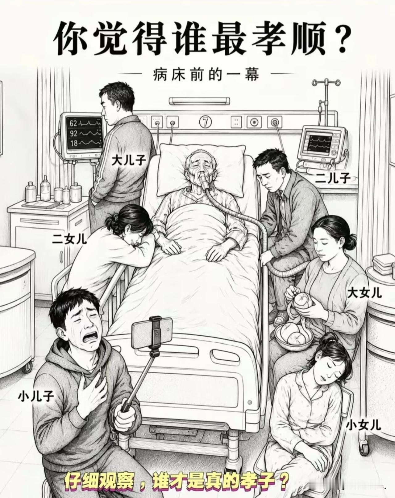 这张图太有意思了！

病床前这一幕，撕开了多少家庭遮羞布？看看谁才是真孝顺！
