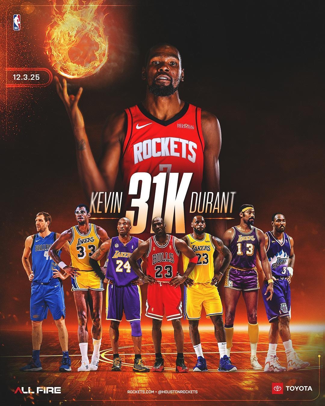 杜兰特又创造历史！火箭与太阳激战正酣！
杜兰特得到本场第4分，个人生涯得分突破3