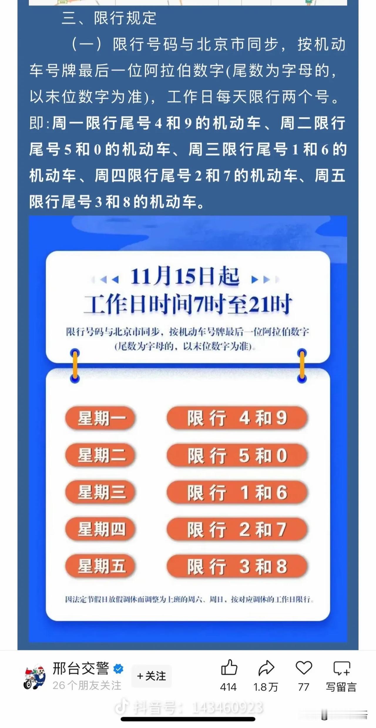 【邢台，限号】从11月15号开始，邢台市的几条道路开始限号了！开车的朋友们，要注