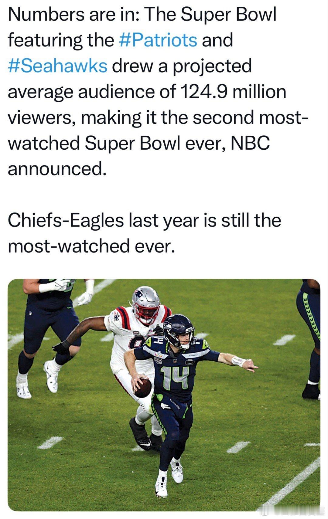 今年“超级碗”收视数据：西雅图海鹰🆚新英格兰爱国者的比赛，平均电视观众一亿两千