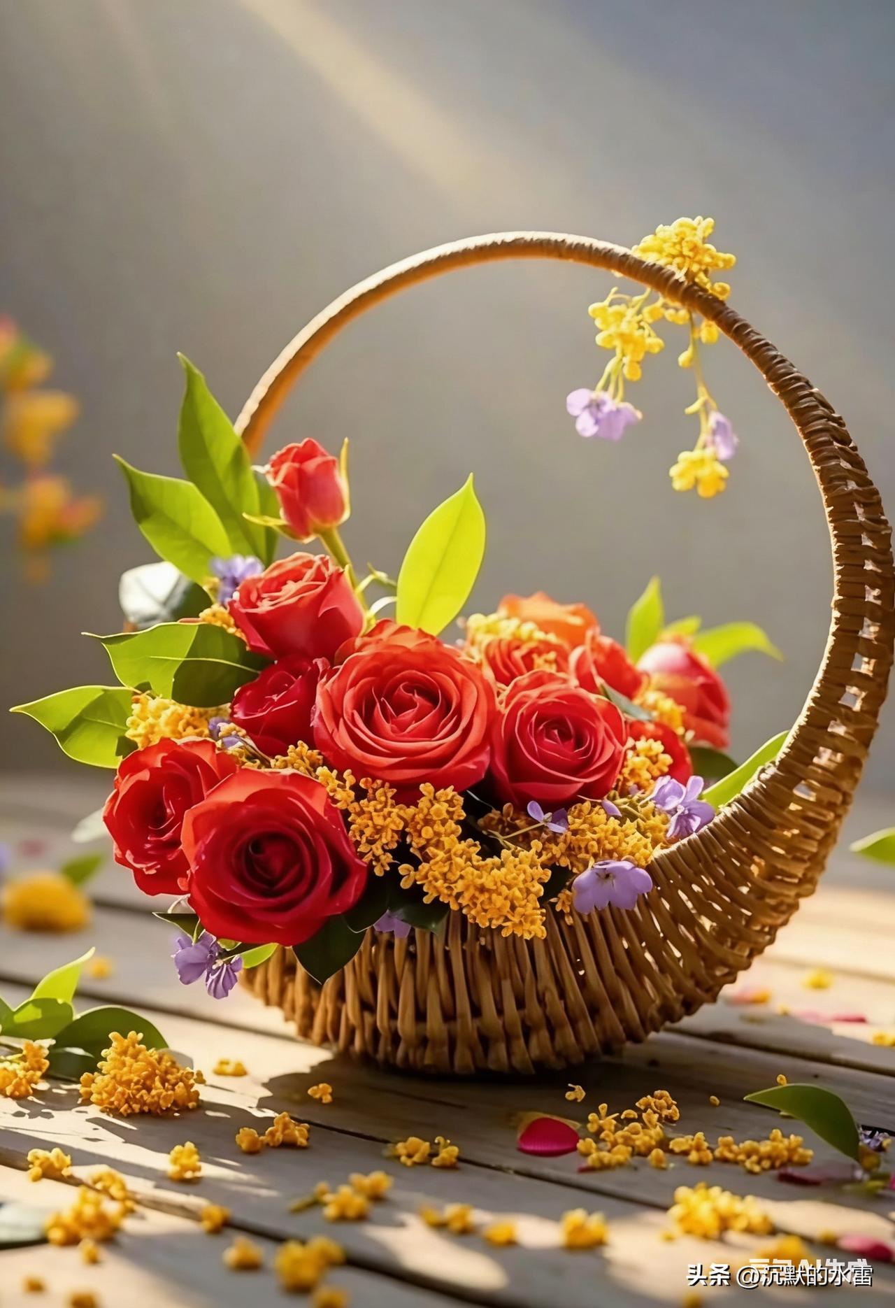 阳光下的浪漫花篮，玫瑰与野花的完美结合