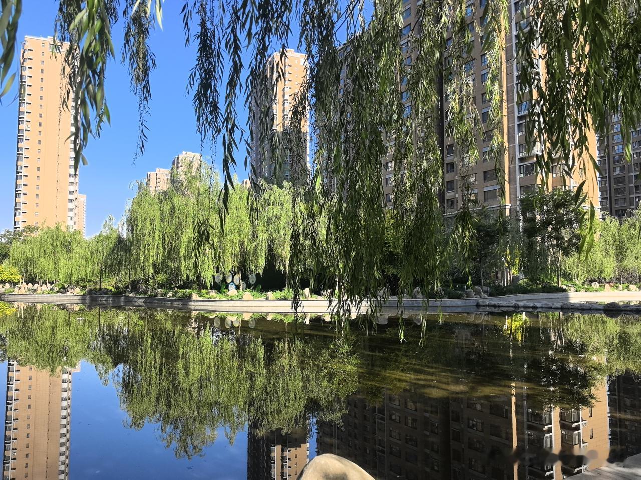 柳曳轻烟摇碎影，
风梳绿水漾金波。