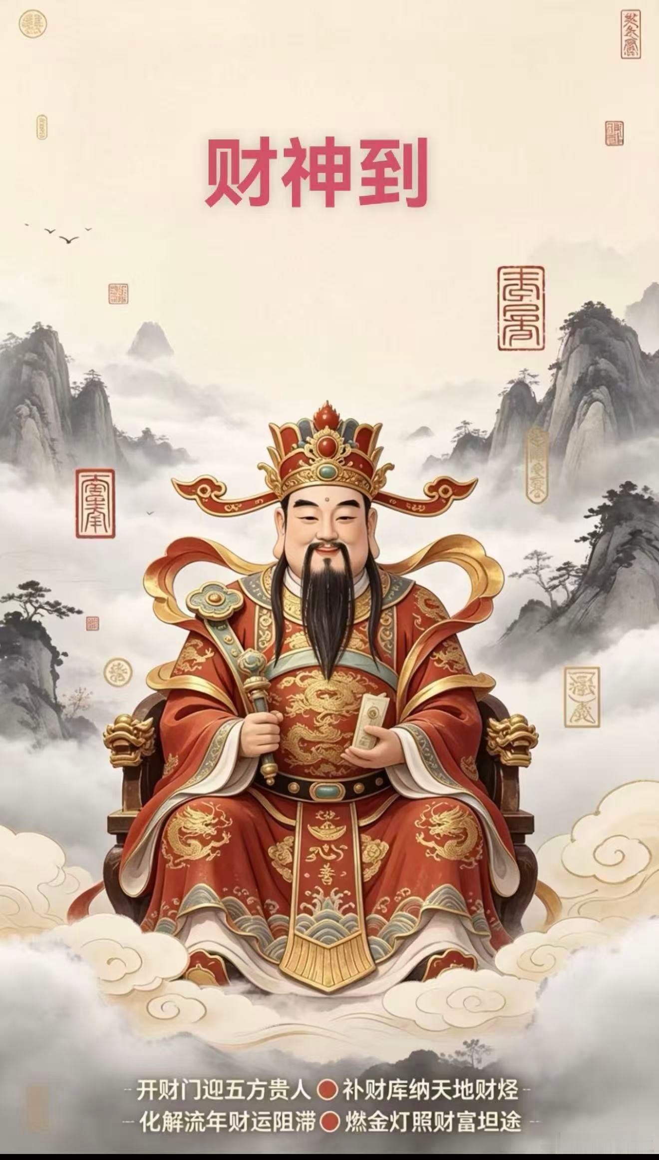 财神到，贵人送财祈财神招来事业贵人，带来优质合作与赚钱机遇。告别单打独斗的窘境，