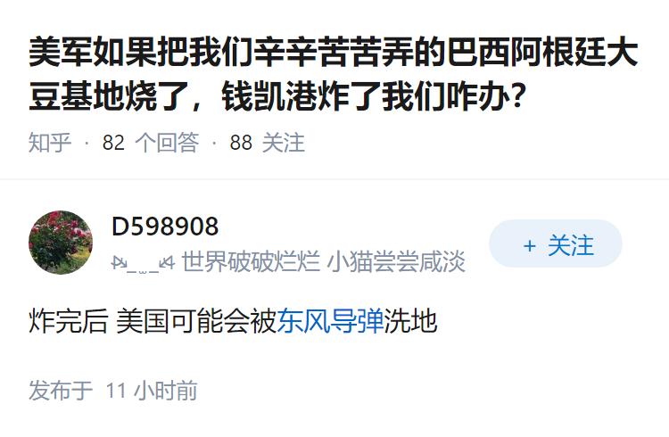 美军如果把我们辛辛苦苦弄的巴西阿根廷大豆基地烧了，钱凯港炸了我们咋办？