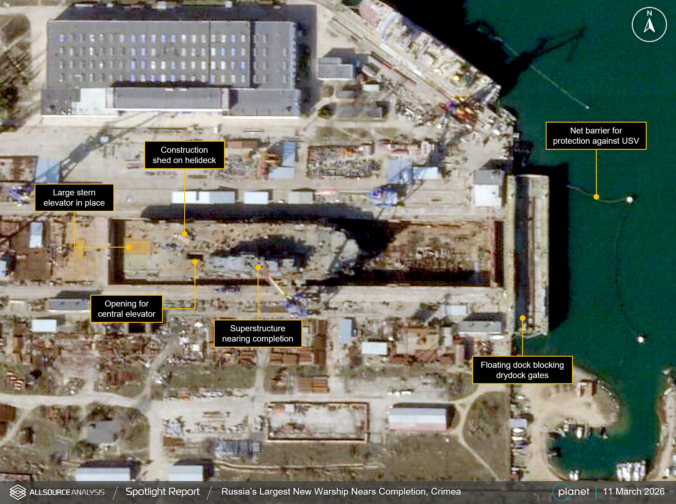 2026 年 3 月的图像显示，俄罗斯正在克里米亚扎利夫造船厂建造的两栖攻击舰取