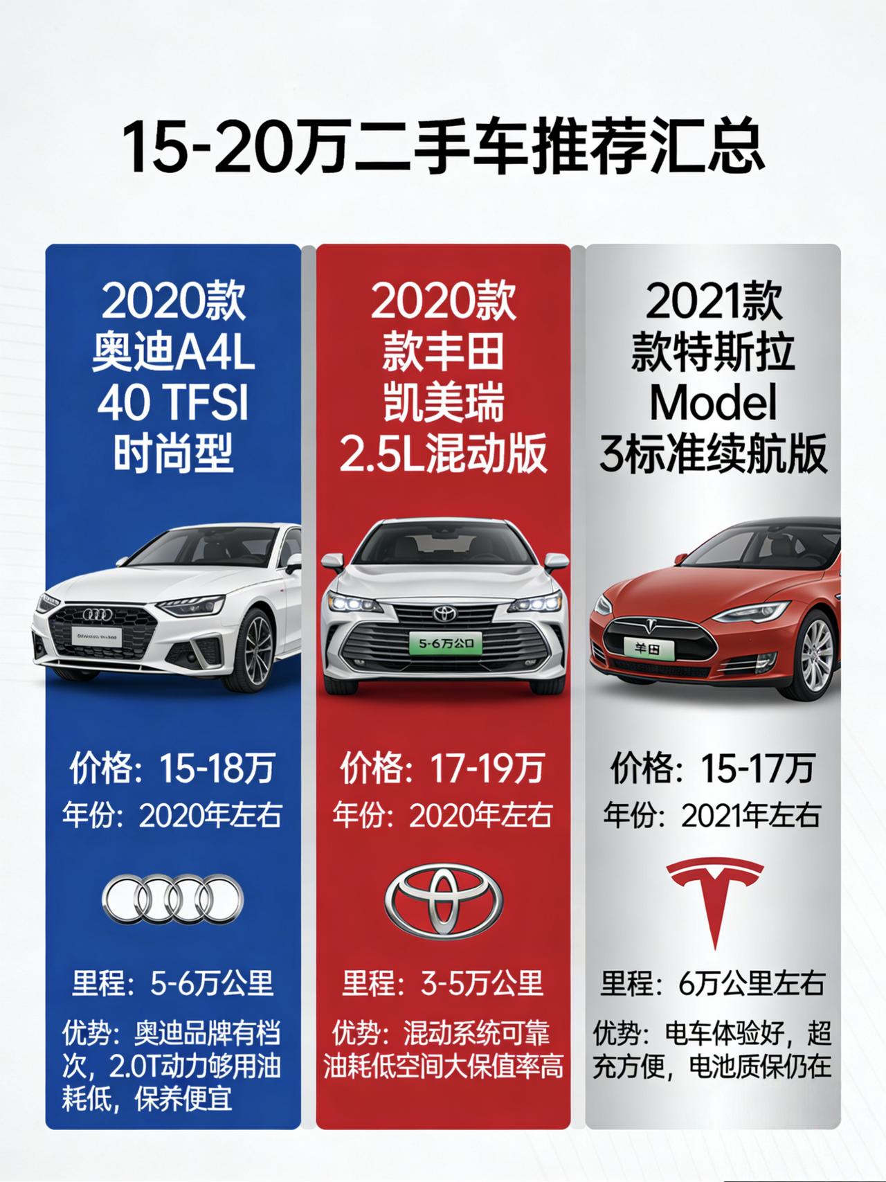 15-20万买二手车，这三款是我真心推荐的
直接说，不绕弯子。
你手里有15到2