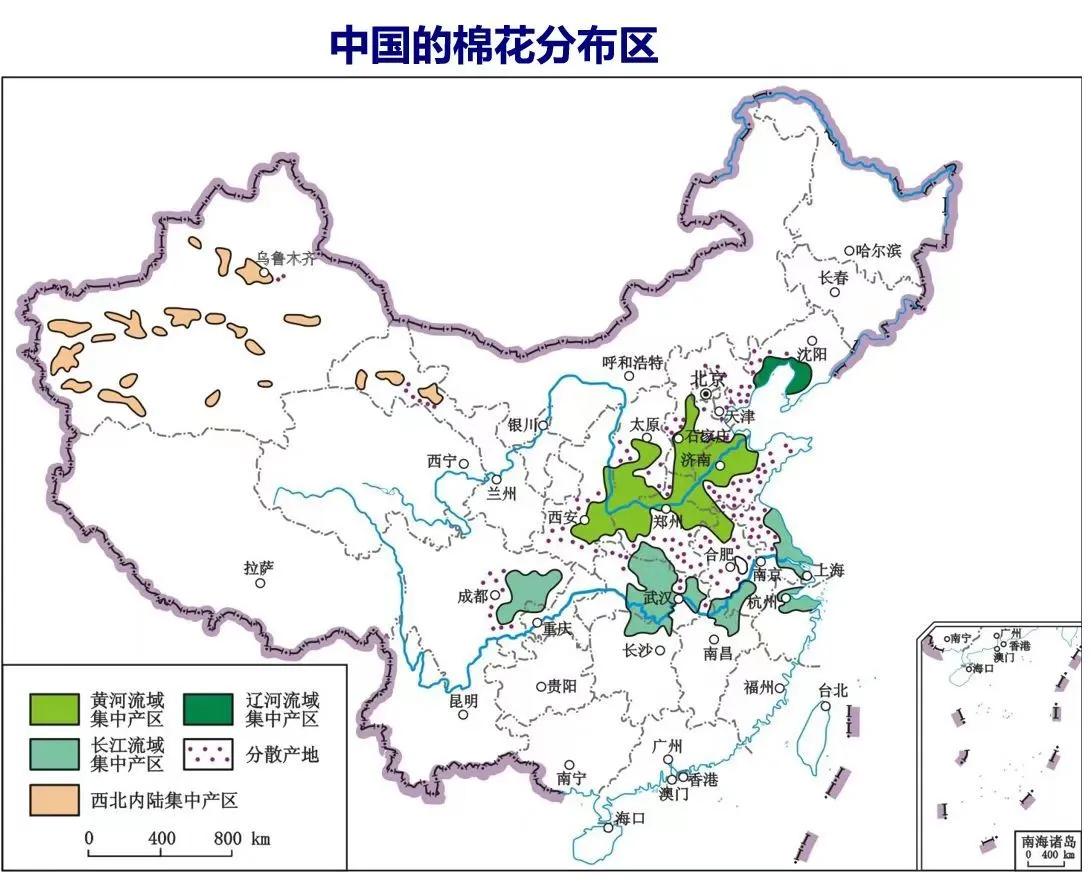 中国棉花产区大致可以分为“西北内陆棉区、黄河流域棉区、长江流域棉区”这三大区域，