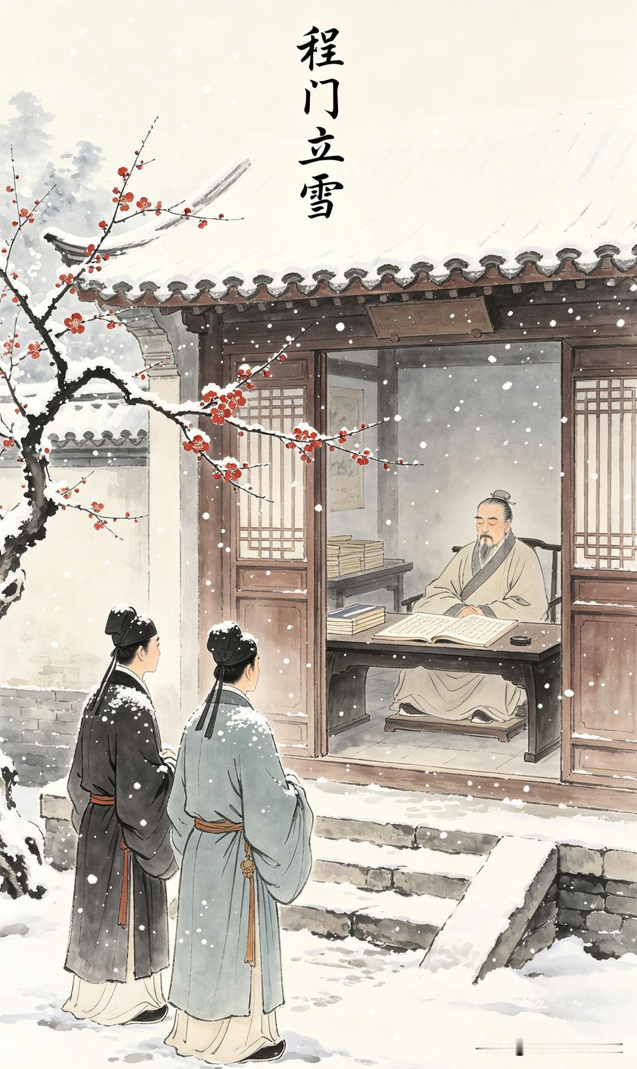 七律·程门立雪
 
尊师问道踏寒霜，远谒鸿儒立草堂。
户内先生酣昼寝，阶前二士耐